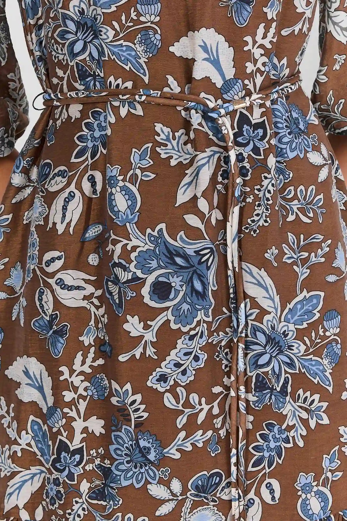 Brown Floral Belted Midi Dress - Belted Waist Print Detail Close-Up | Avara