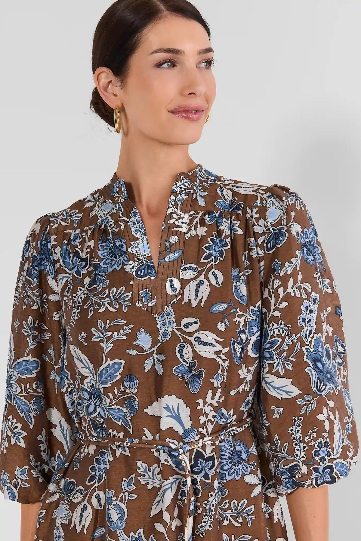Brown Floral Midi Dress - Neckline & Puff Sleeve Close-Up Detail | Avara