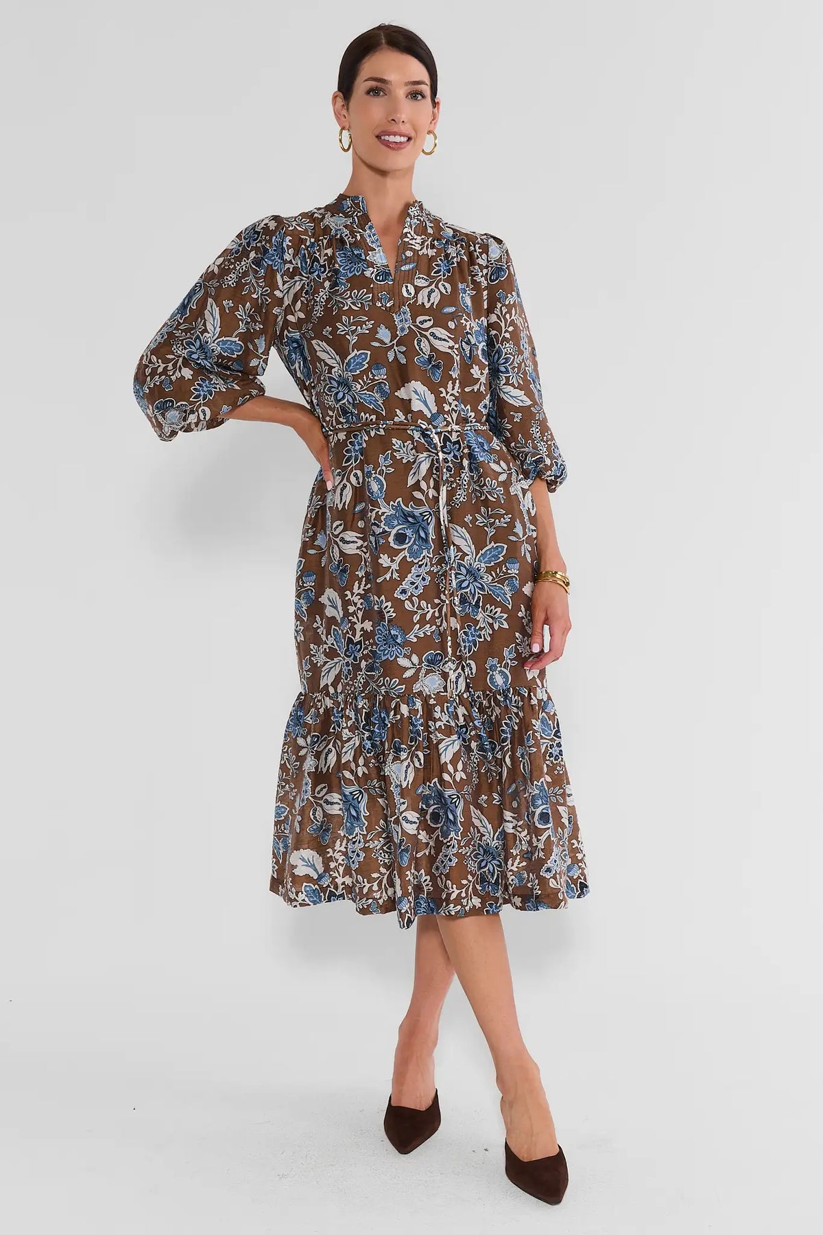 Brown Floral Belted Midi Dress - Front View On Model | Avara