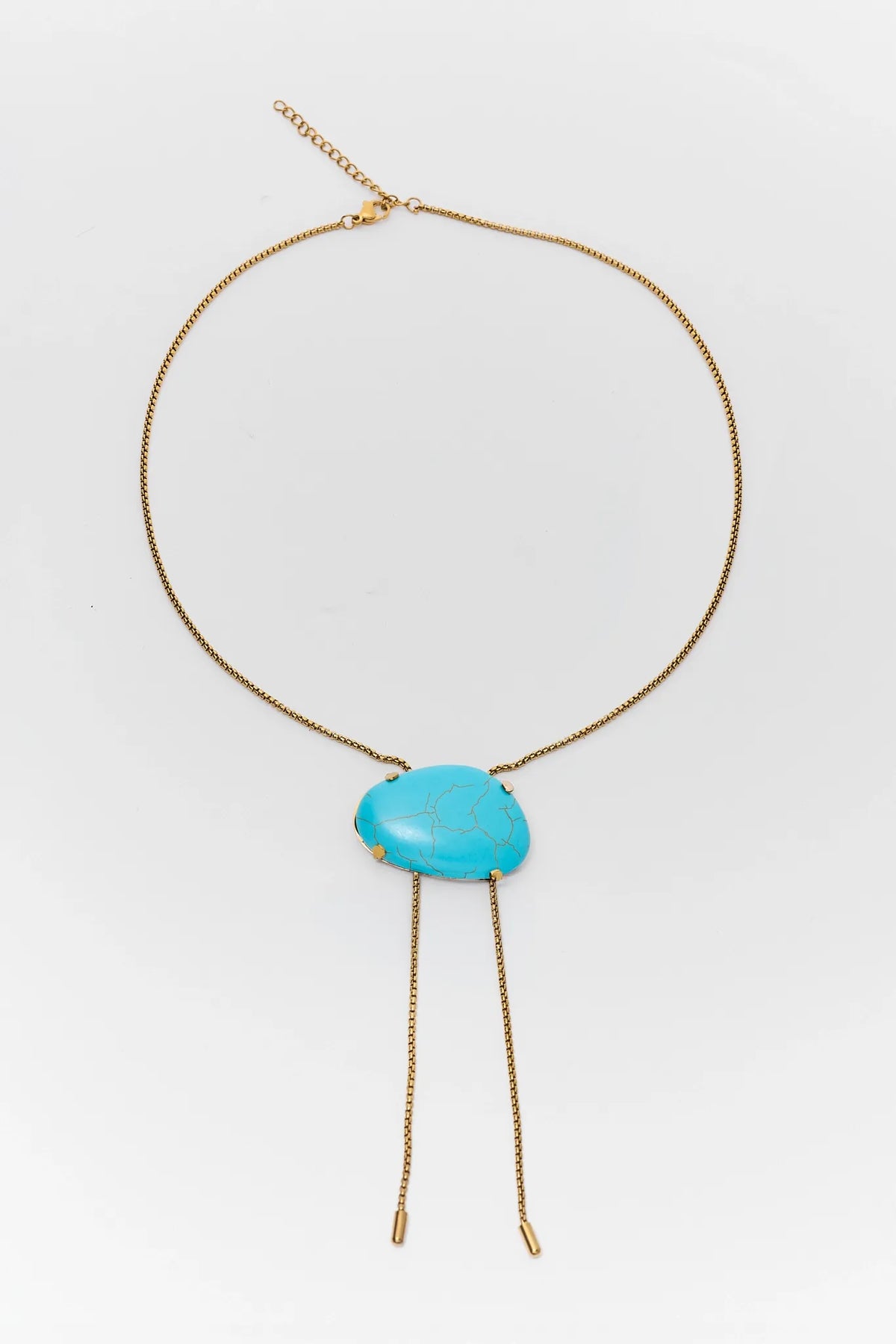 Gold Turquoise Stone Bolo Necklace - Flat Lay, Adjustable Chain | Avara