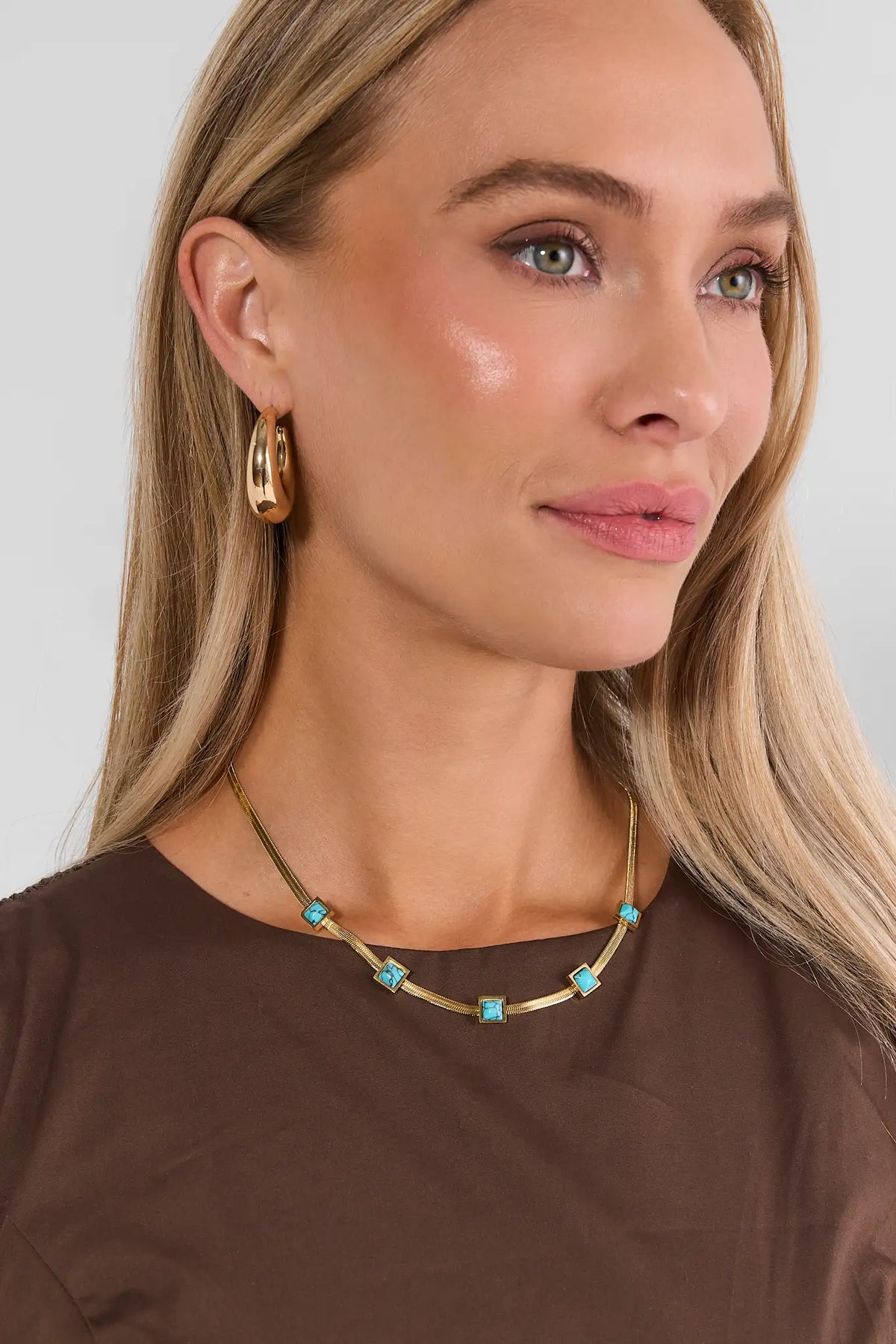 Gold Turquoise Stone Necklace on Model with Gold Hoop Earrings - On Model | Avara