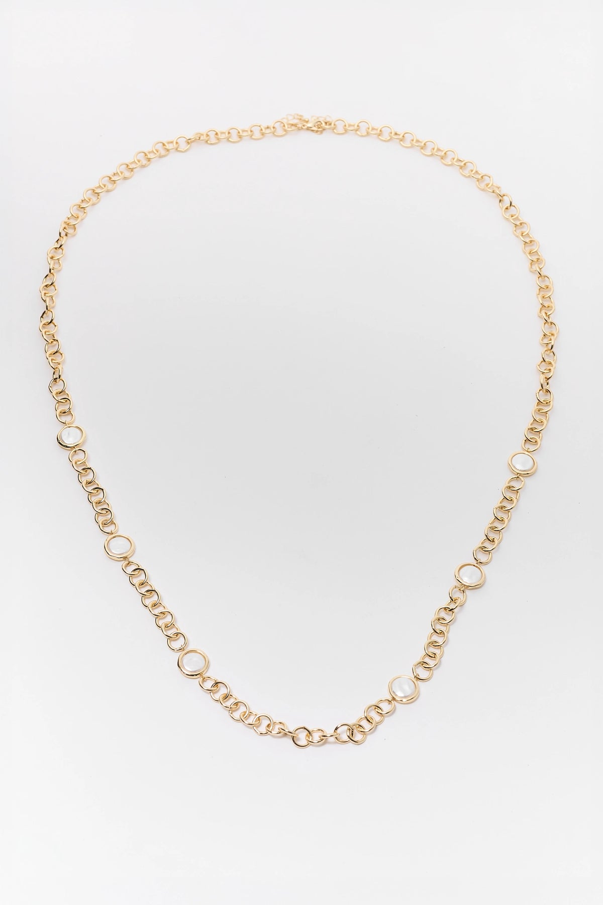 Gold Pearl Link Long Necklace - Flat Lay, Circle Chain with Pearl Accents | Avara