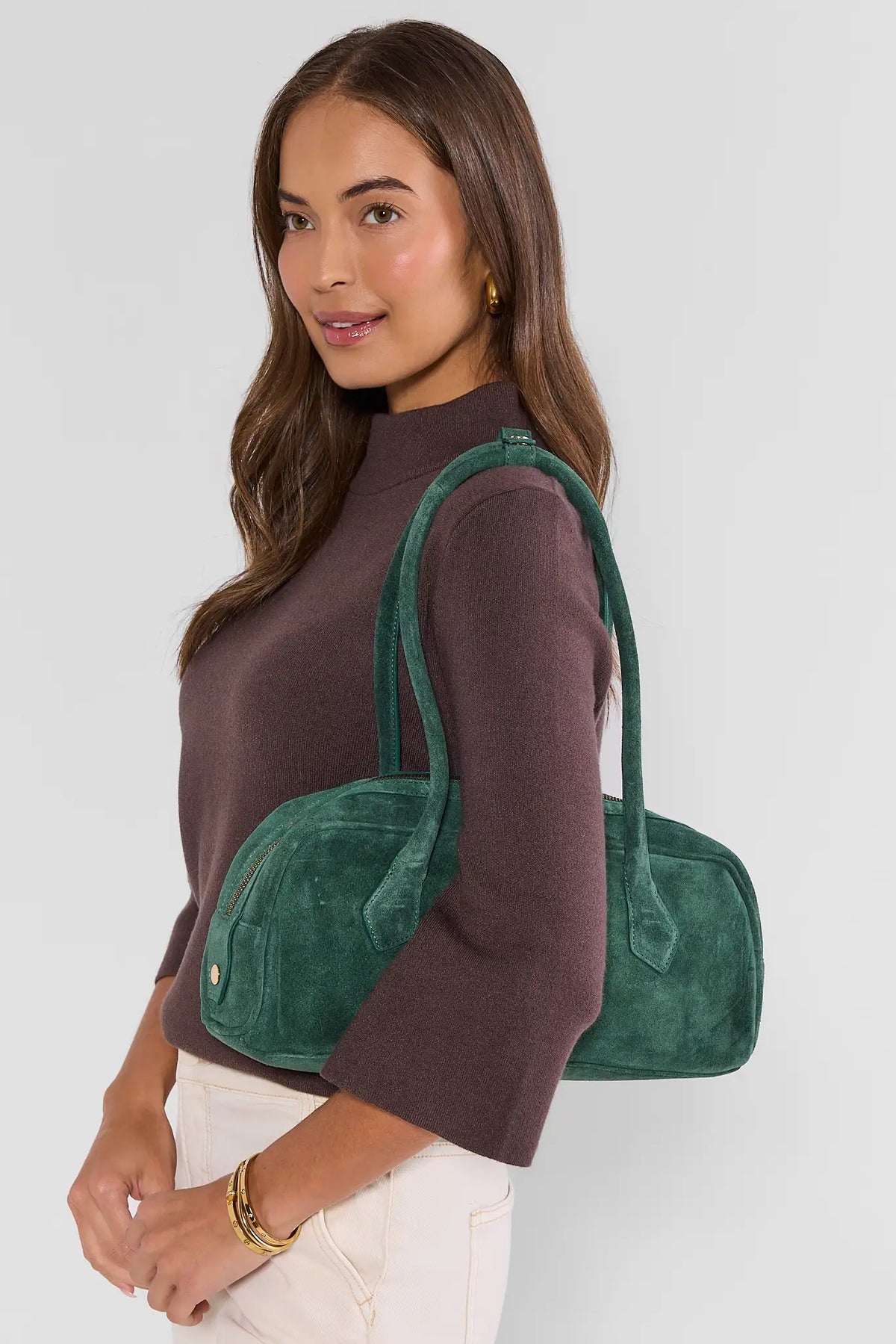 Green Suede Shoulder Bag Worn On Model - Side Styled Look | Avara