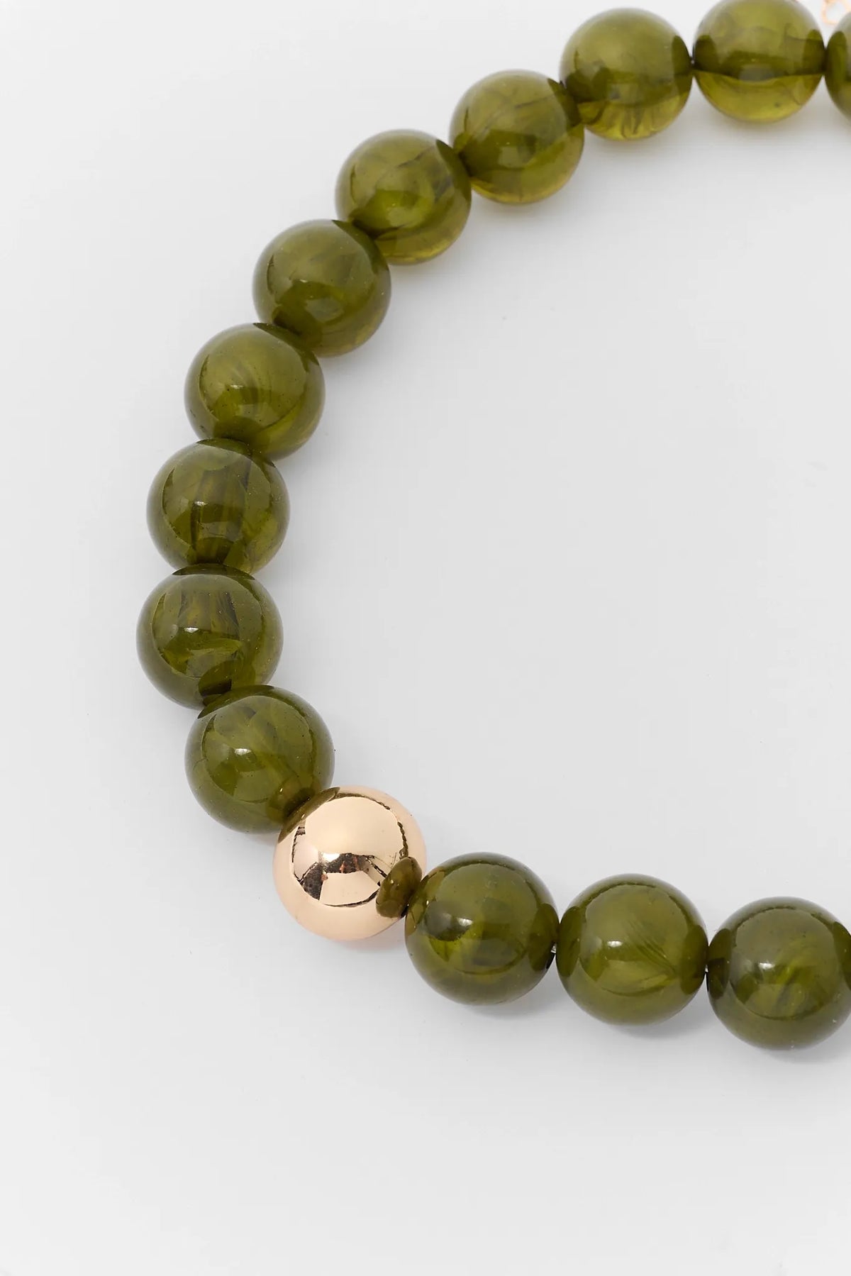 Dark Green Chunky Beaded Necklace Gold Bead Detail - Close-Up | Avara