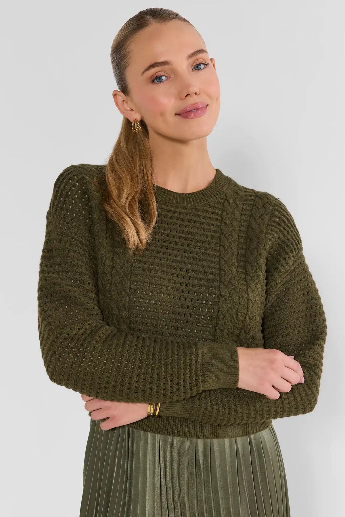 Olive Cable-Knit Sweater Overlay Two Piece Midi Dress - Front Crop View | Avara