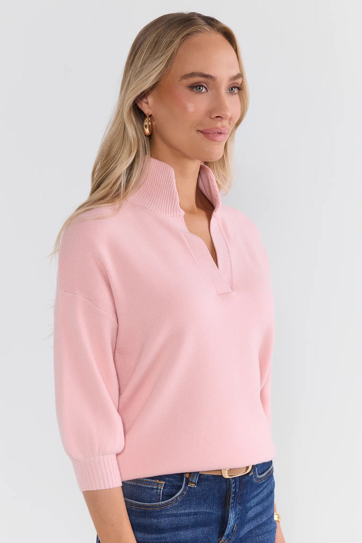Pink Knit Sweater - Back View, Blouson Sleeve Detail On Model | Avara