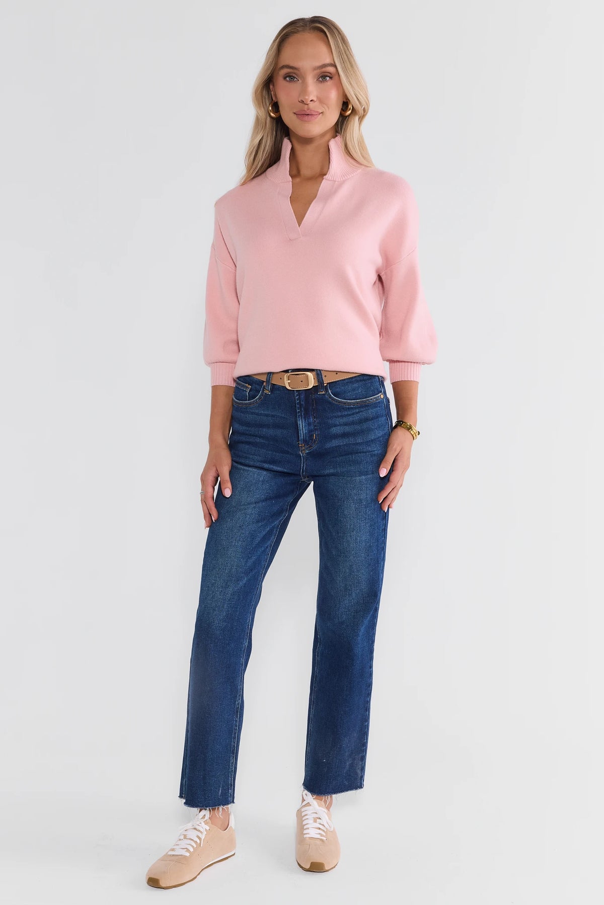 Pink Knit Sweater - Front View, Relaxed Blouson Silhouette On Model | Avara