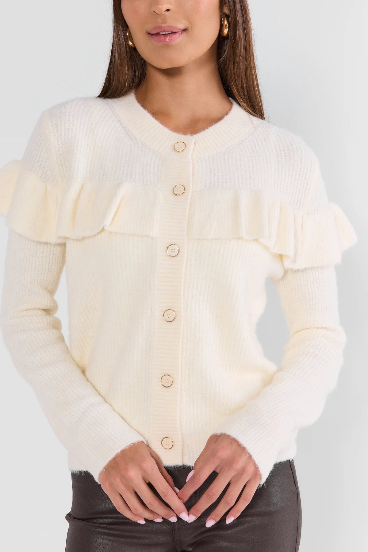 Ivory Knit Ruffle Cardigan - Front View, Button-Down with Ruffle Yoke | Avara