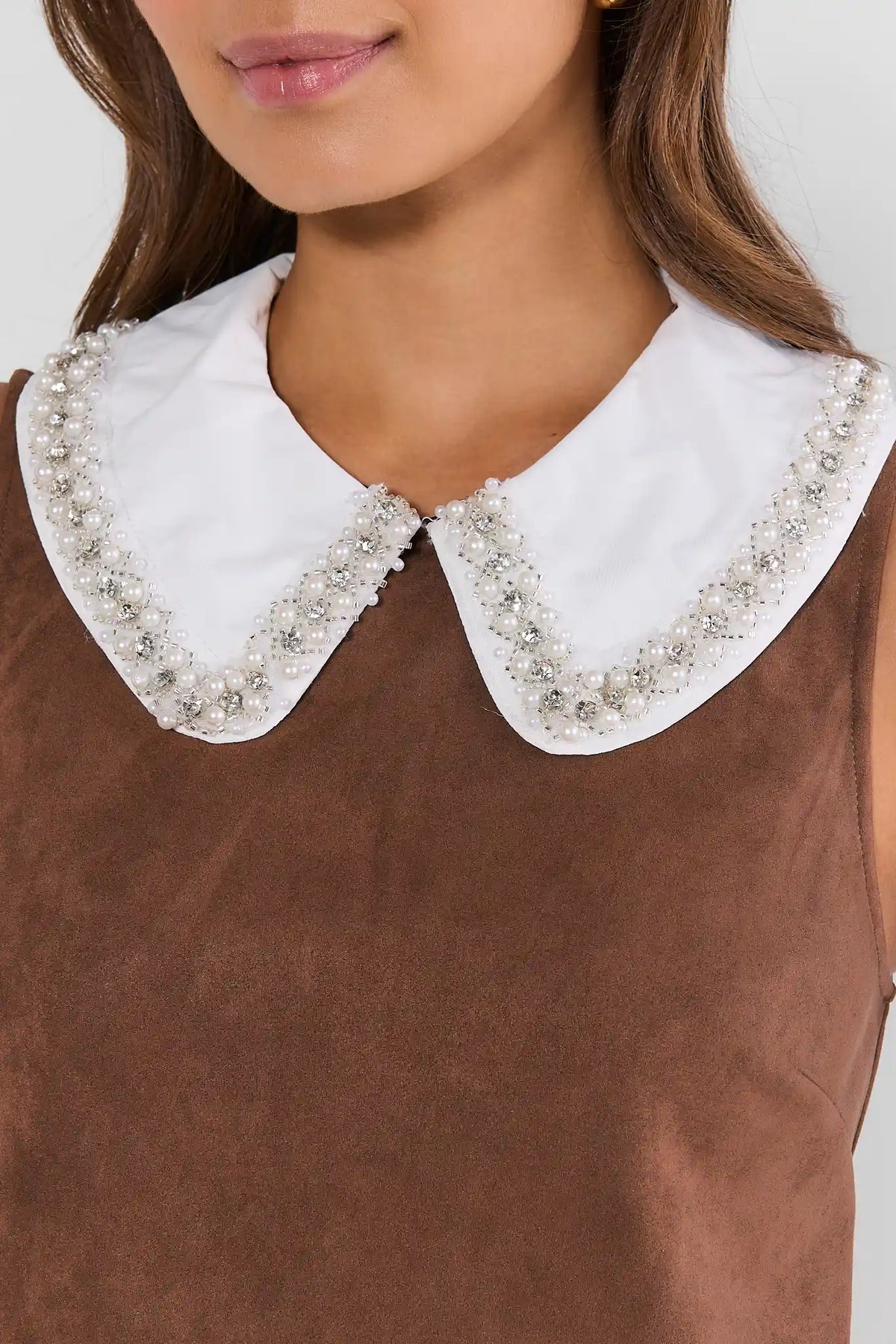 Brown Faux Suede Short Dress - Pearl & Rhinestone Collar Close-Up Detail | Avara