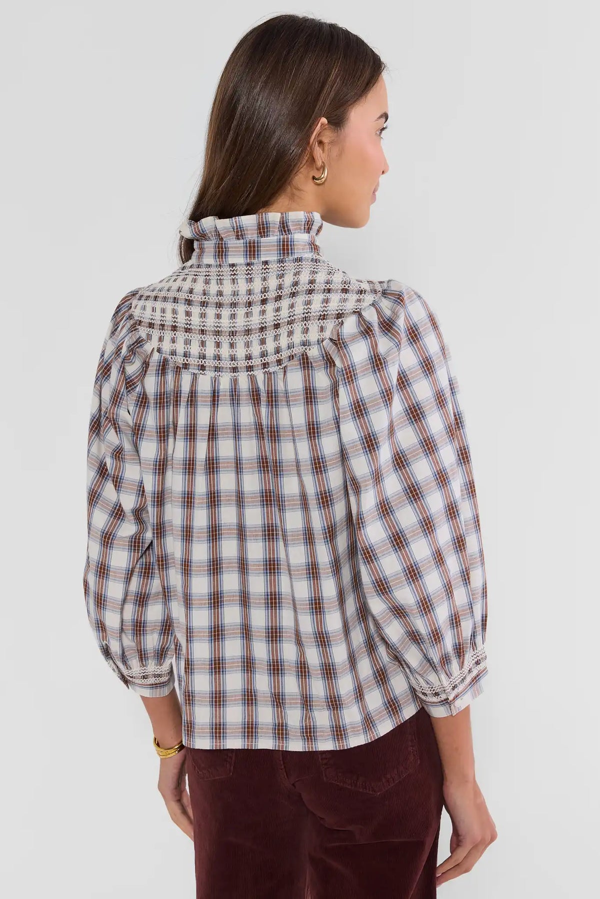 Brown Plaid Smocked Detail Top - Back View Showing Smocked Yoke and Puff Sleeves | Avara
