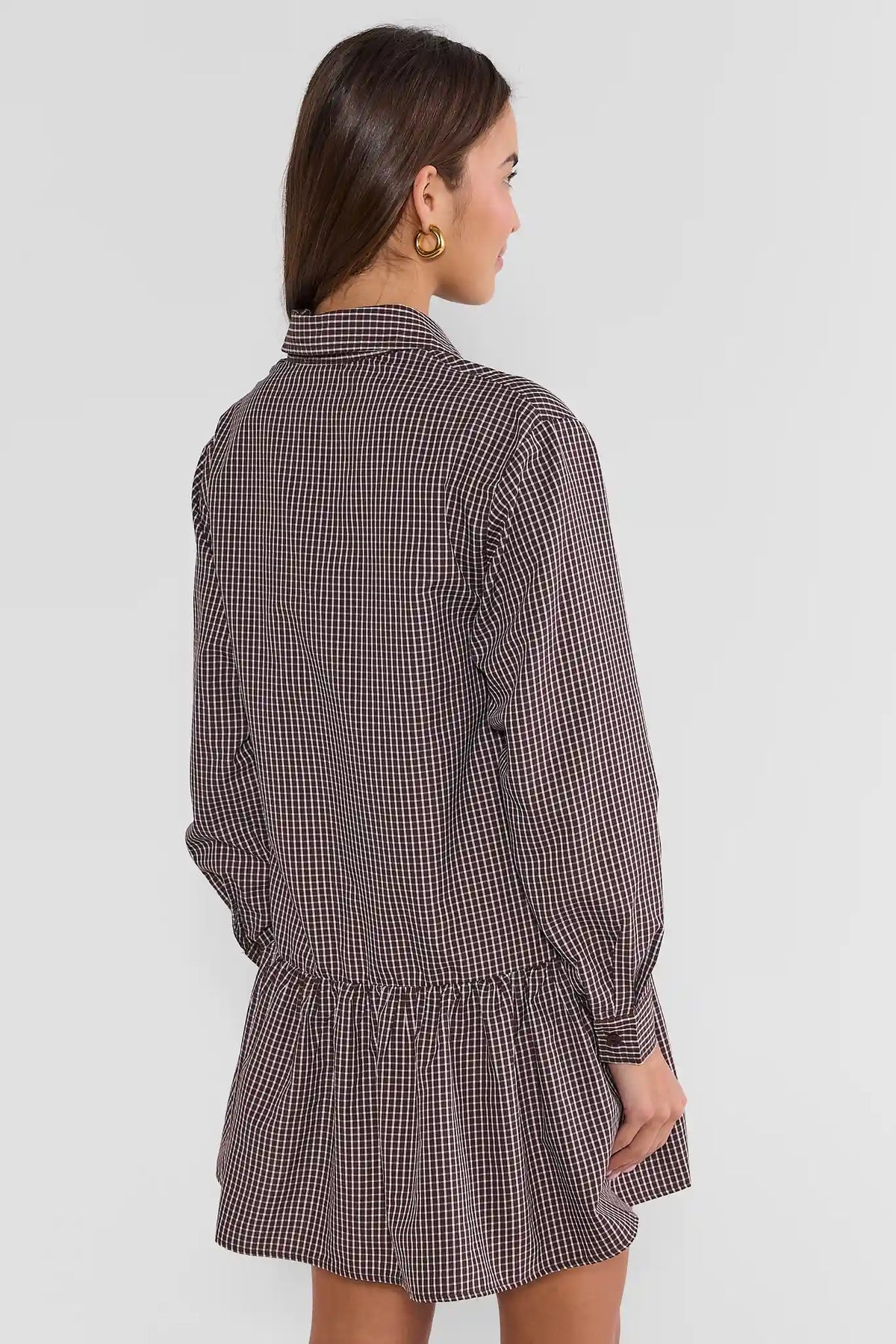 Brown Plaid Drop Waist Short Dress - Back View On Model | Avara