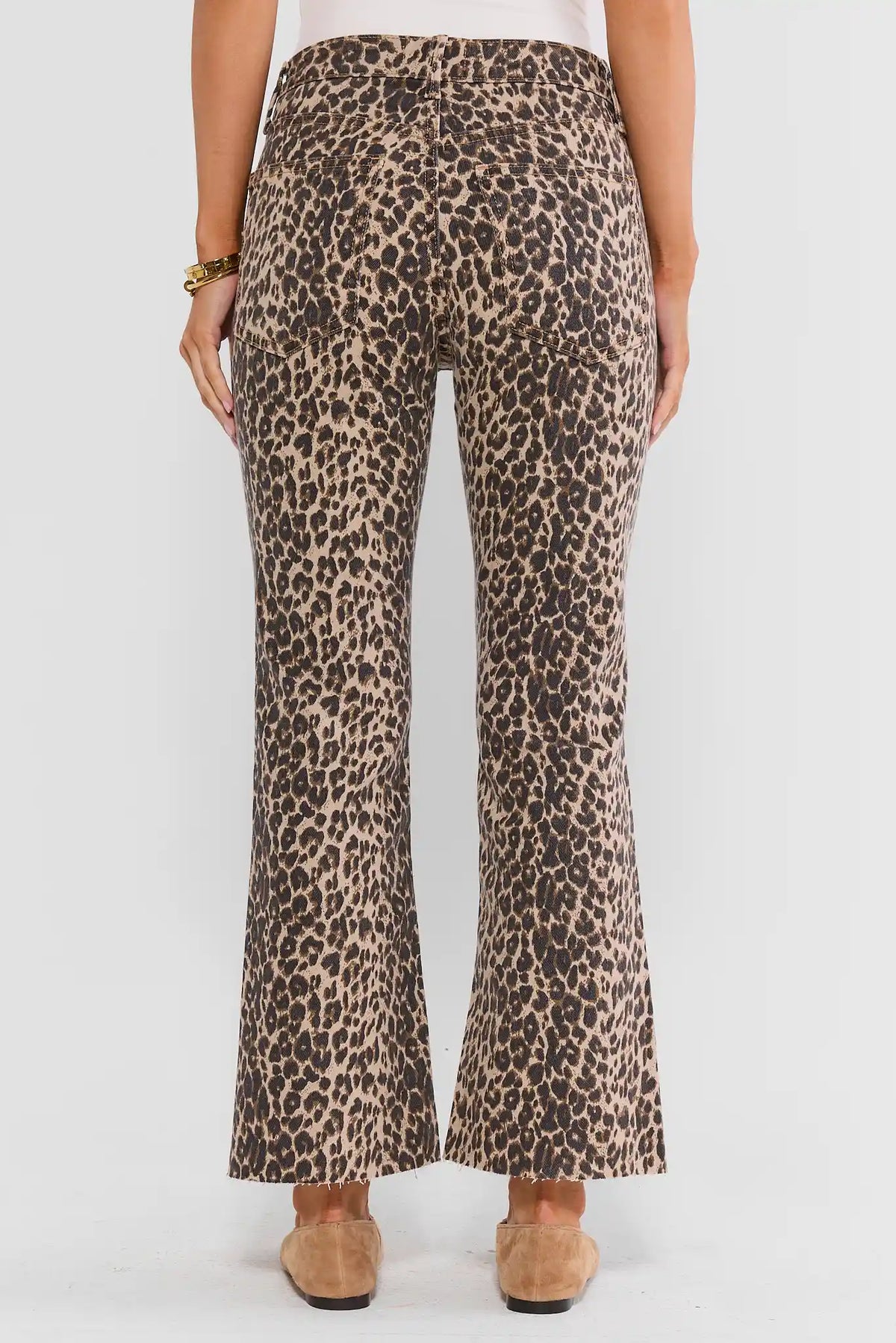 Leopard Print Kick Flare Jeans - Back View, Flare Silhouette & Pocket Detail | Avara