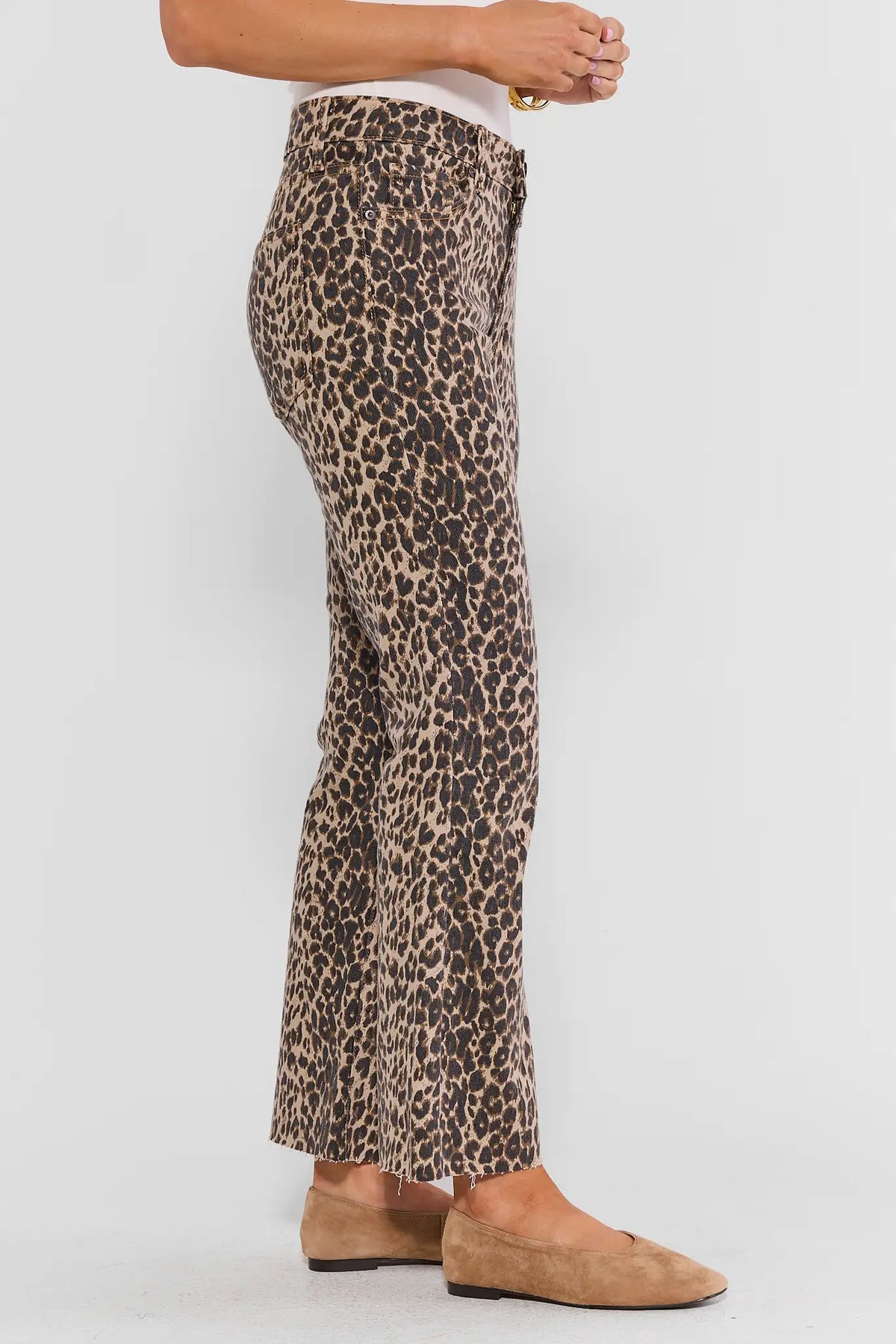 Leopard Print Kick Flare Jeans - Side Profile, Raw Hem Flare Detail | Avara