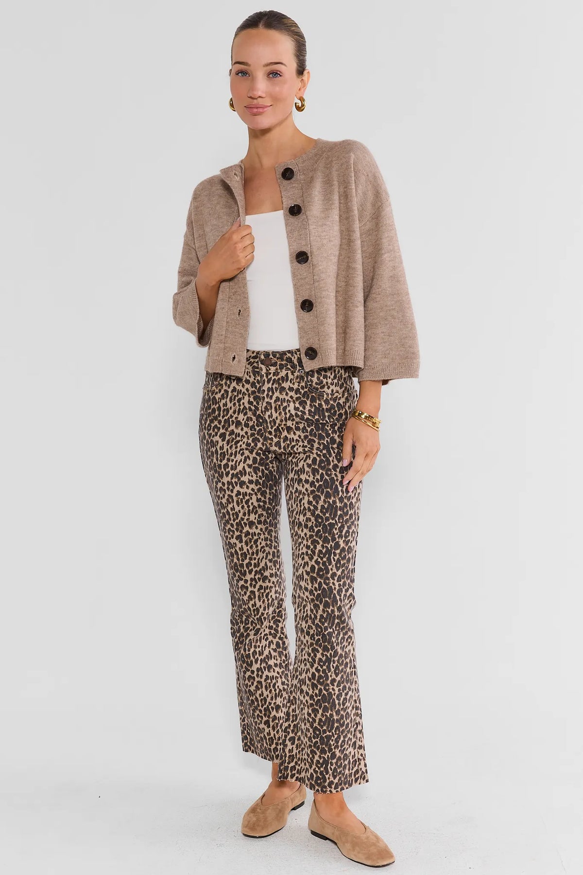 Leopard Print Kick Flare Jeans - Styled Look with Tan Cardigan, On Model | Avara