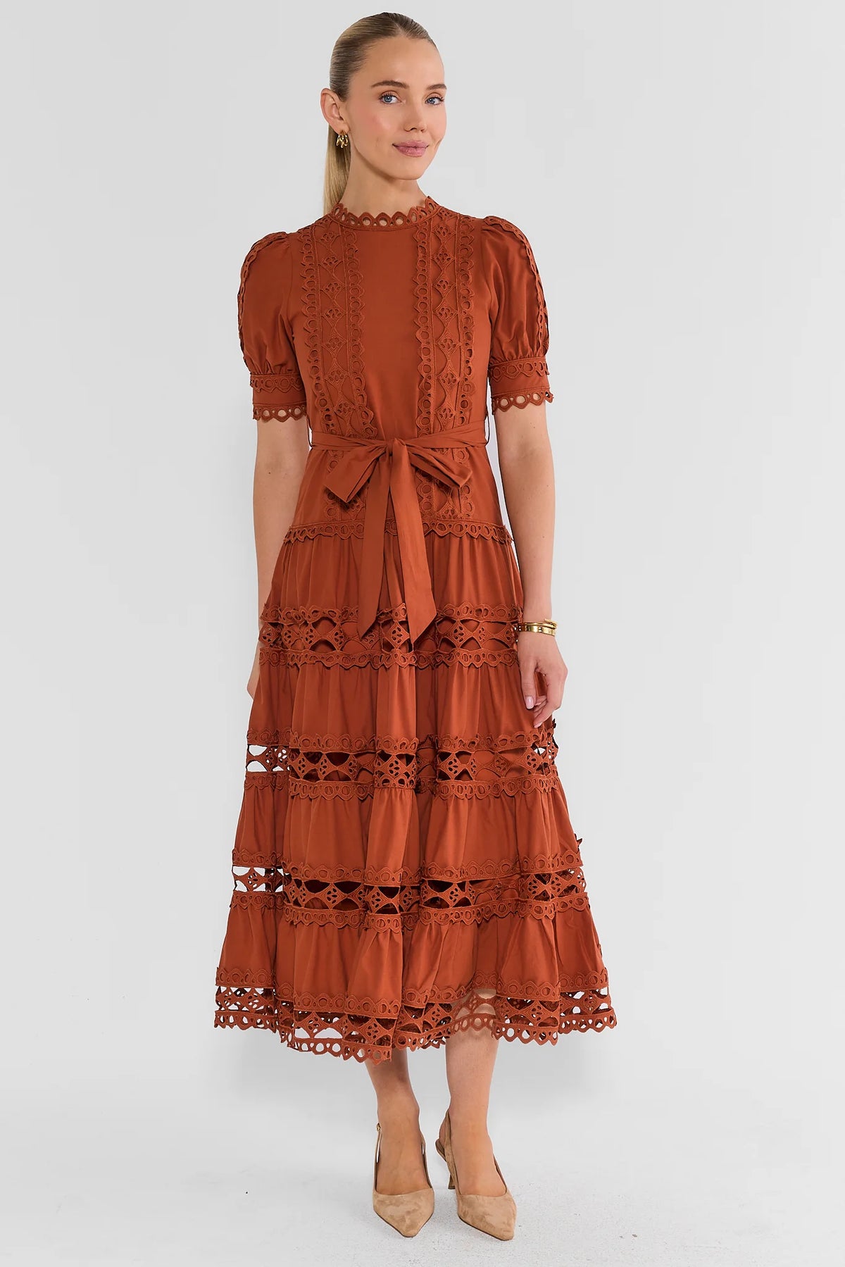 Rust Eyelet Midi Dress - On Model Front View, Tiered Skirt & Bow Belt | Avara
