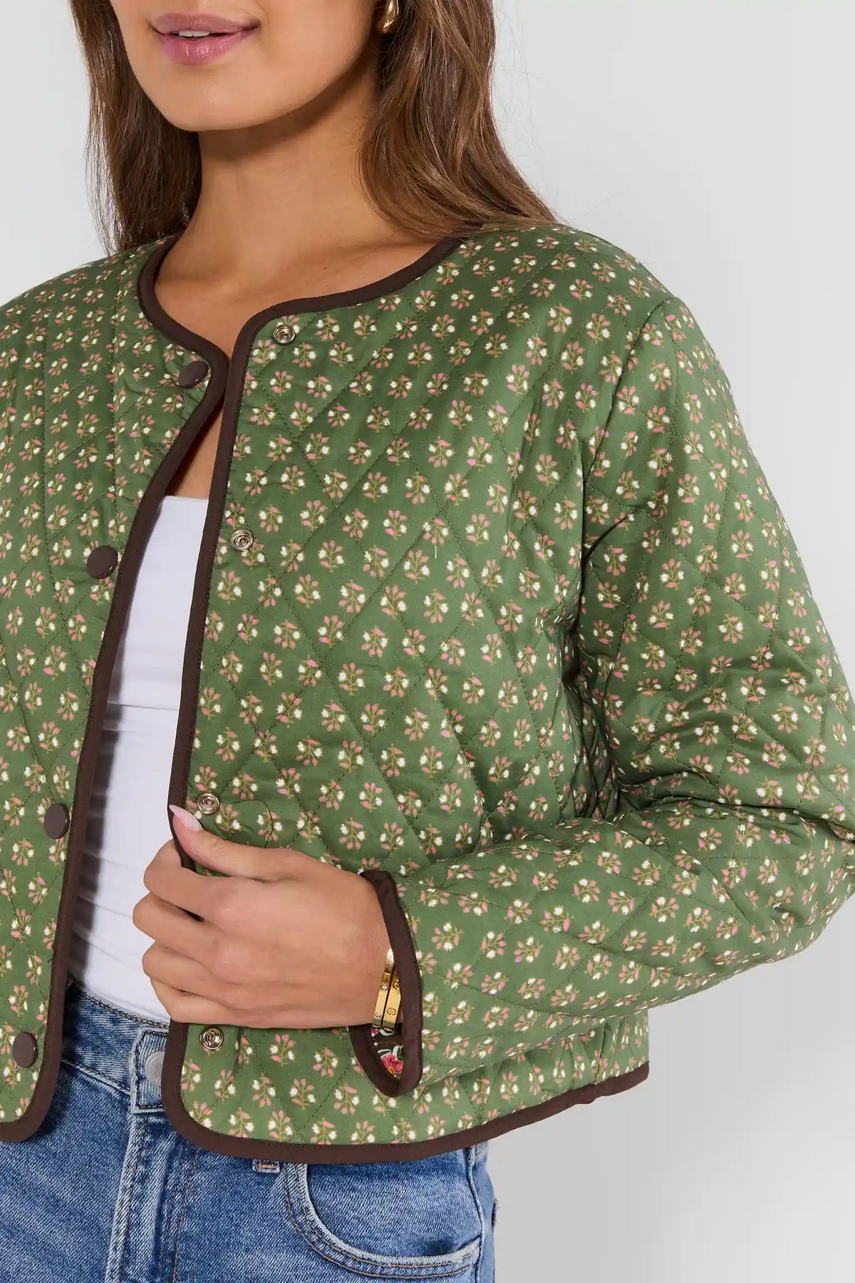 Green Quilted Floral Jacket - Close-Up Front Detail Showing Diamond Quilting and Snap Buttons | Avara