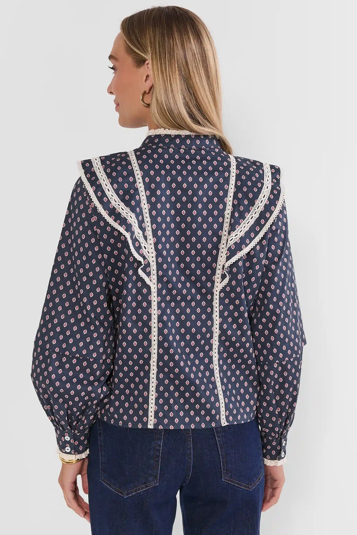 Navy Printed Button Up Ruffle Top with Cream Lace Trim - Back View On Model | Avara