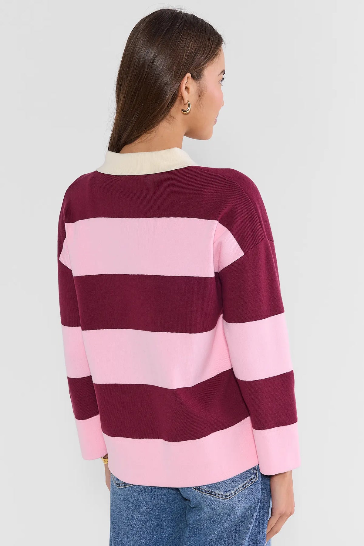 Burgundy Pink Striped Long-Sleeve Collared Top - Back View On Model | Avara