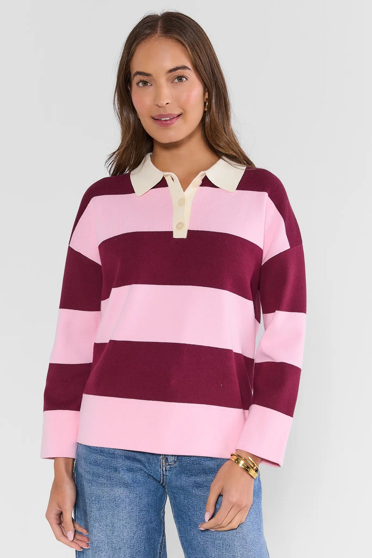 Burgundy Pink Striped Collared Long-Sleeve Top - Front View On Model | Avara