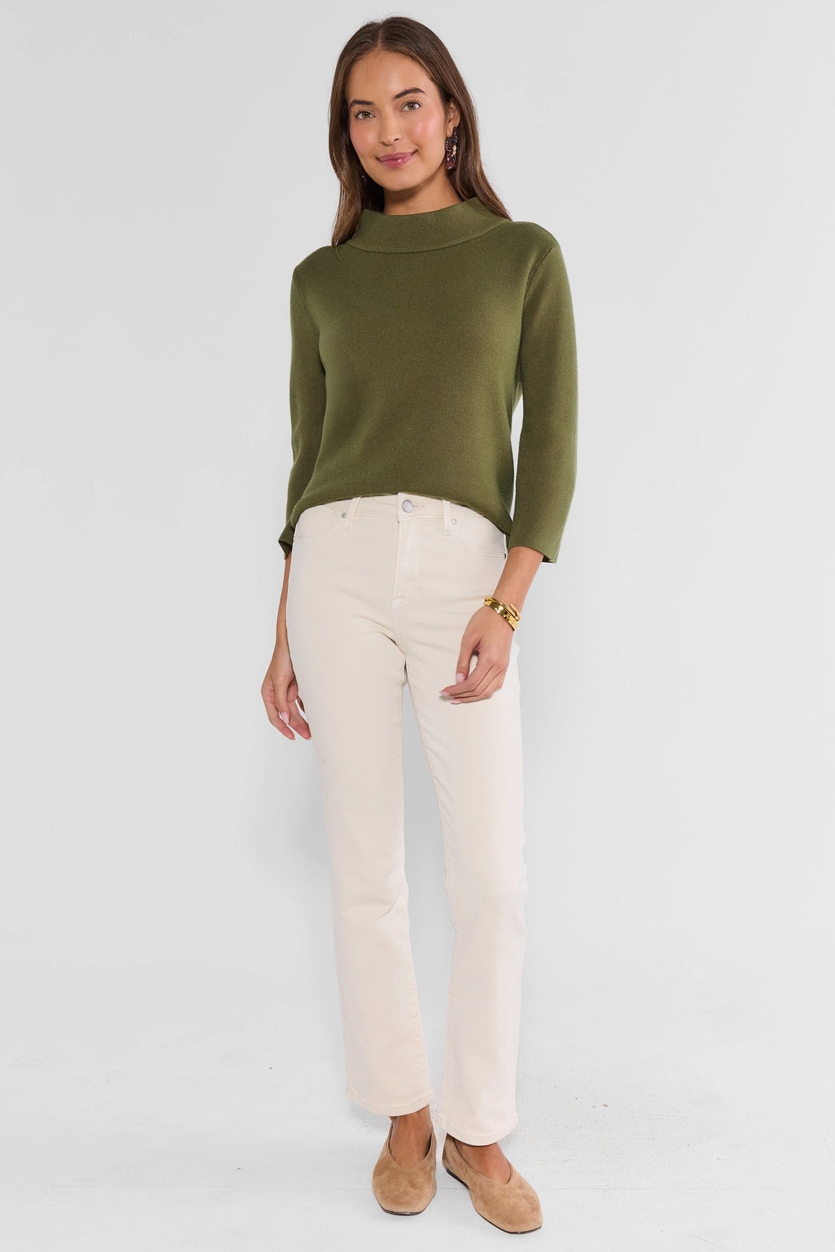 Olive Knit Sweater - Full Length Front View, Women's Cute Top Styled with Flats | Avara