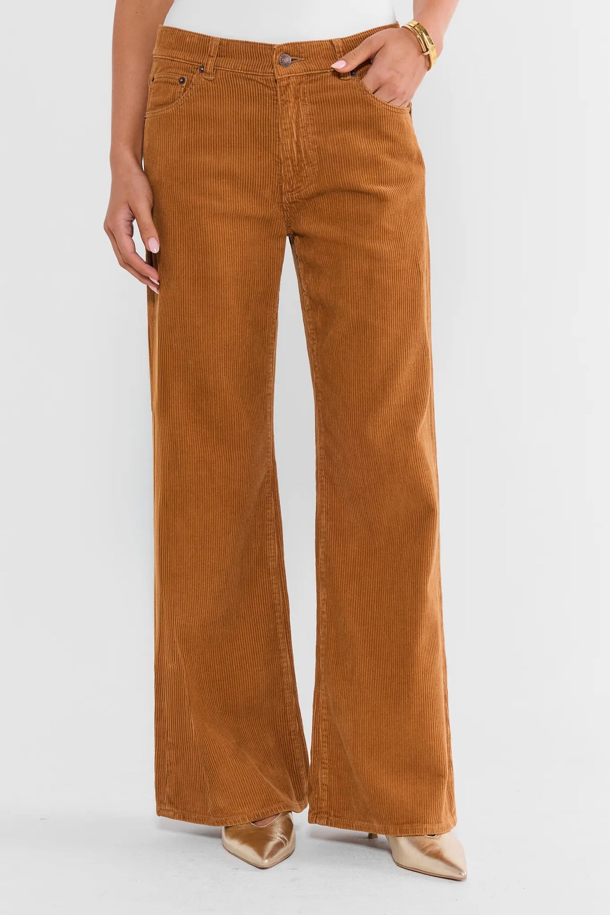 Camel Corduroy Wide Leg Pants - Front View On Model | Avara