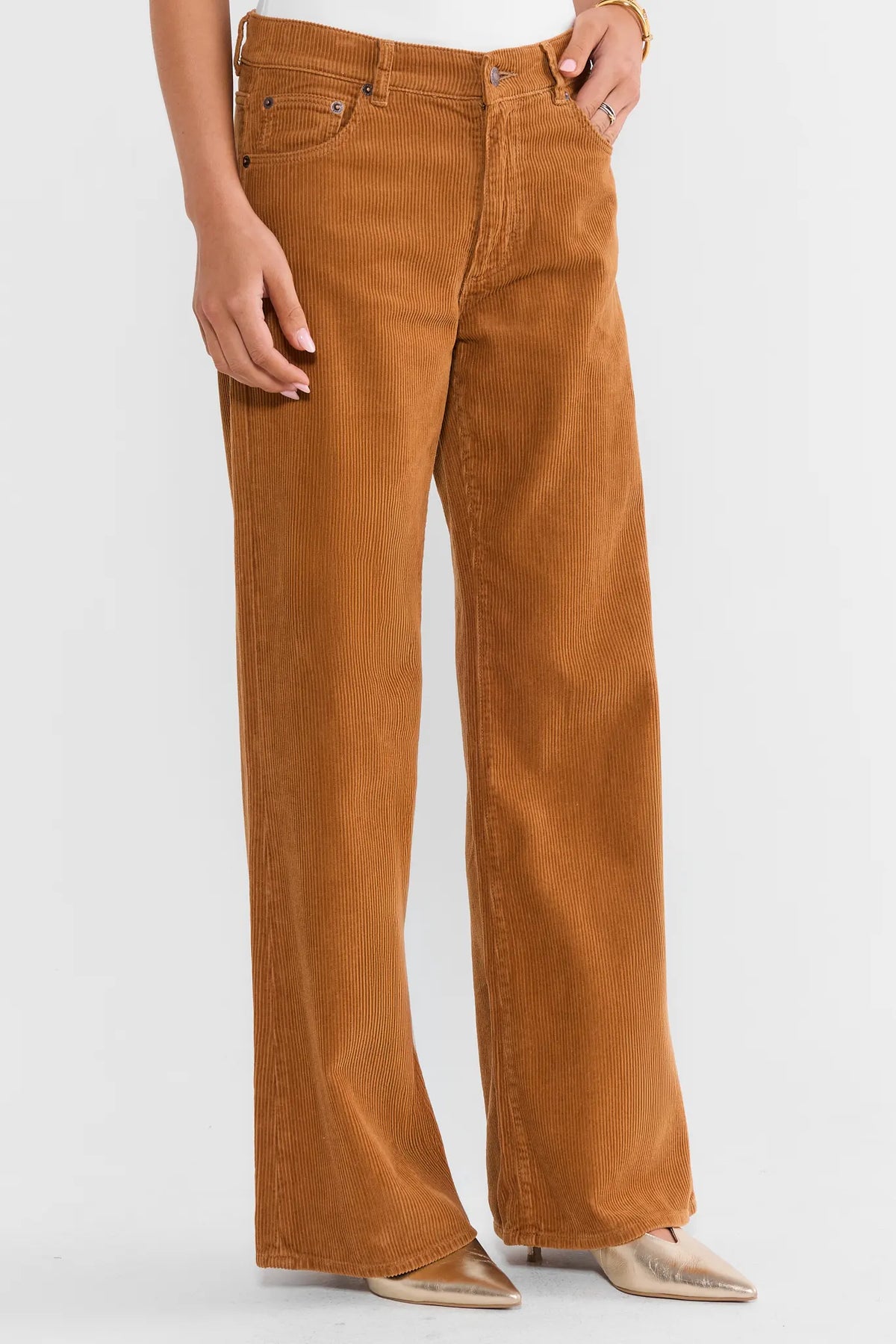 Camel Corduroy Wide Leg Pants - Side View Mid-Rise Silhouette | Avara