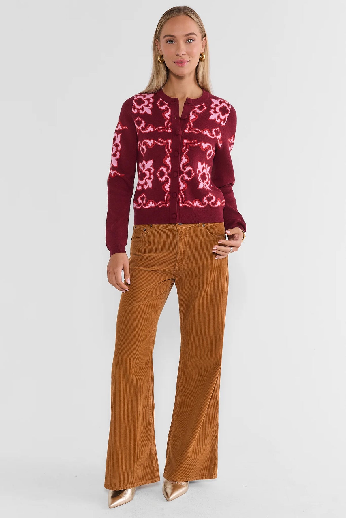 Camel Corduroy Wide Leg Pants Styled with Floral Cardigan - Full Length | Avara