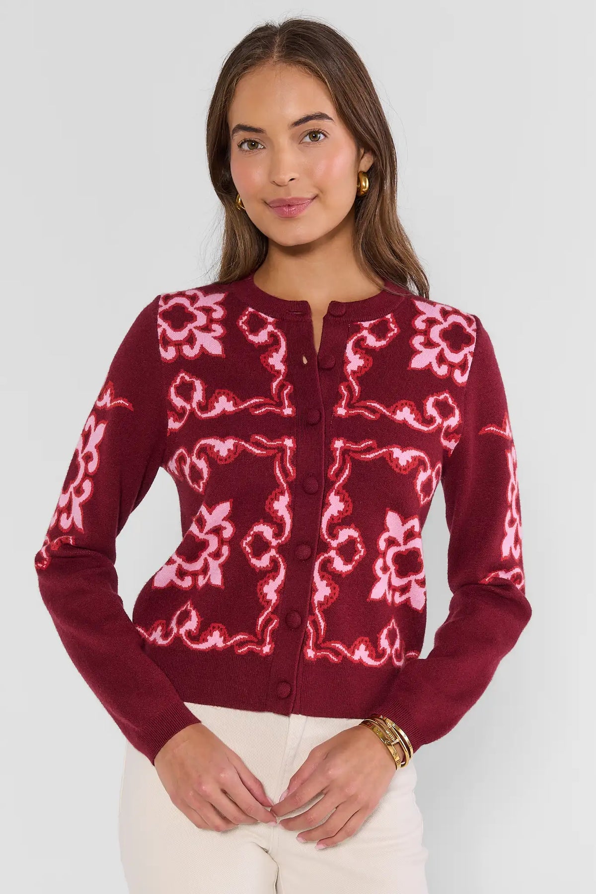 Maroon Floral Print Knit Cardigan - Front View, Button-Up Sweater for Women | Avara