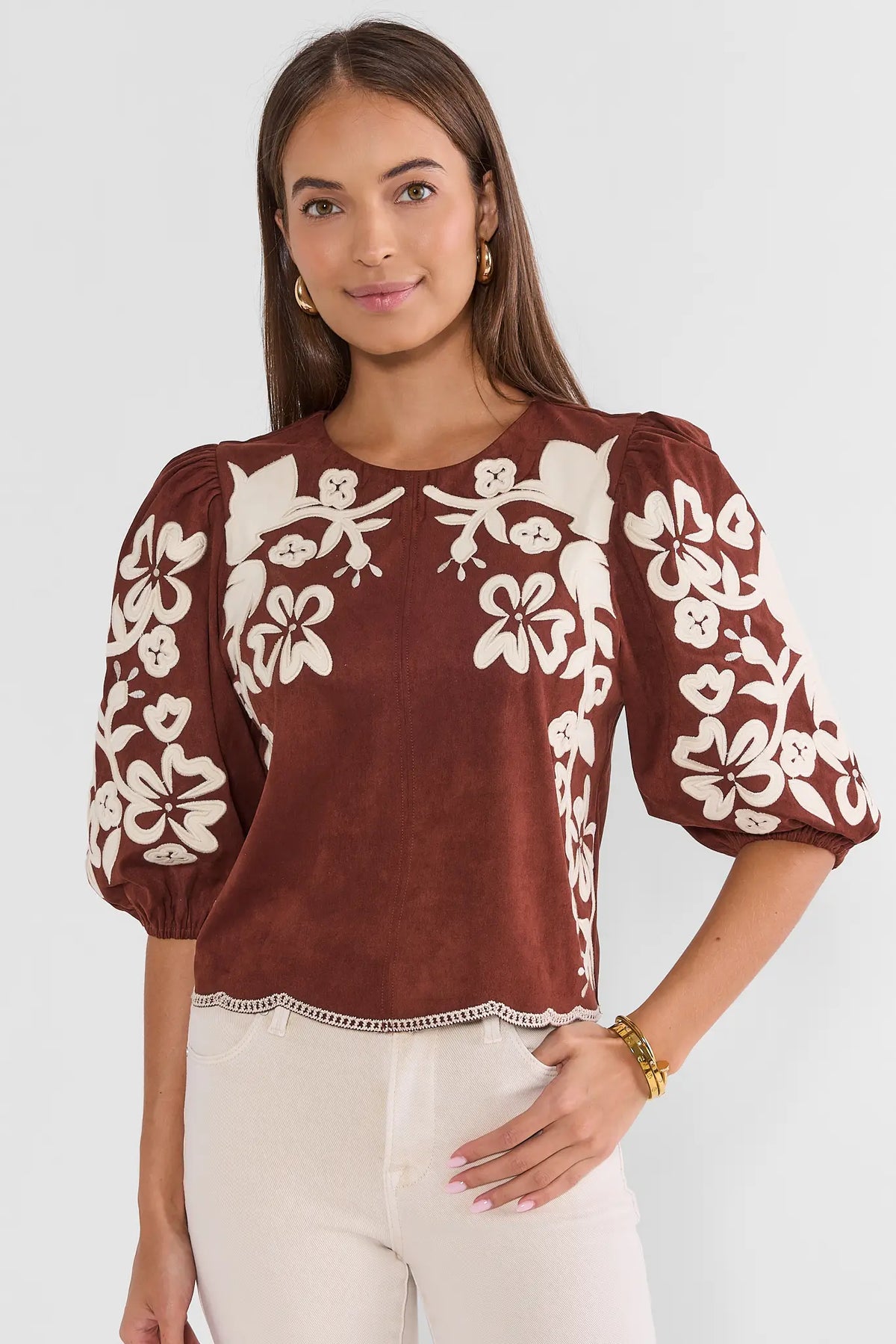 Brown Faux Suede Puff Sleeve Blouse with Floral Embroidery - Front View On Model | Avara