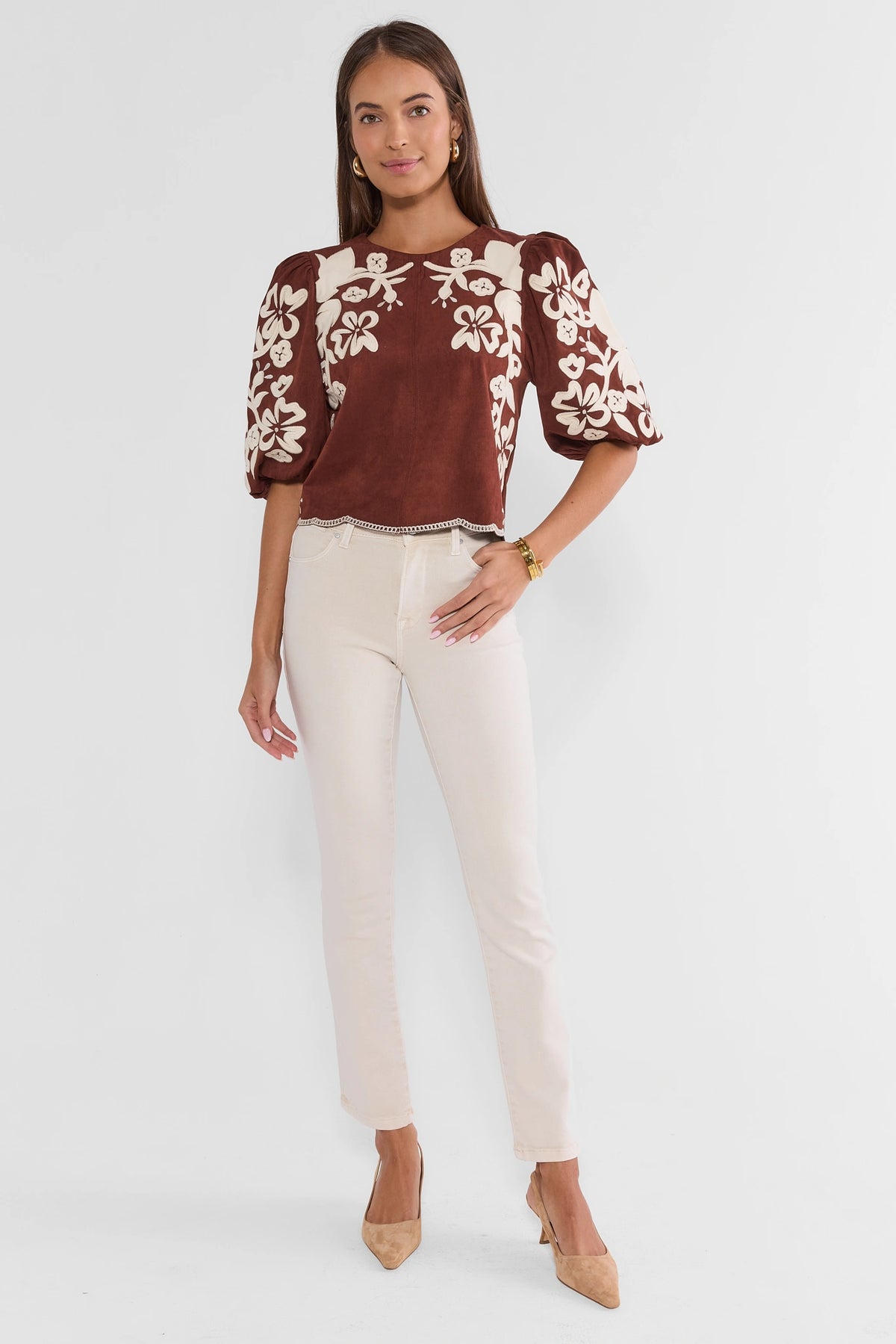Brown Faux Suede Embroidered Top Styled with Cream Trousers - Full Length Front | Avara