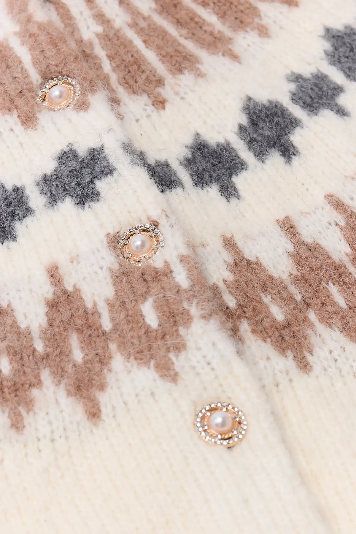 Fair Isle Print Cardigan Close-Up - Pearl and Rhinestone Button and Knit Texture Detail | Avara