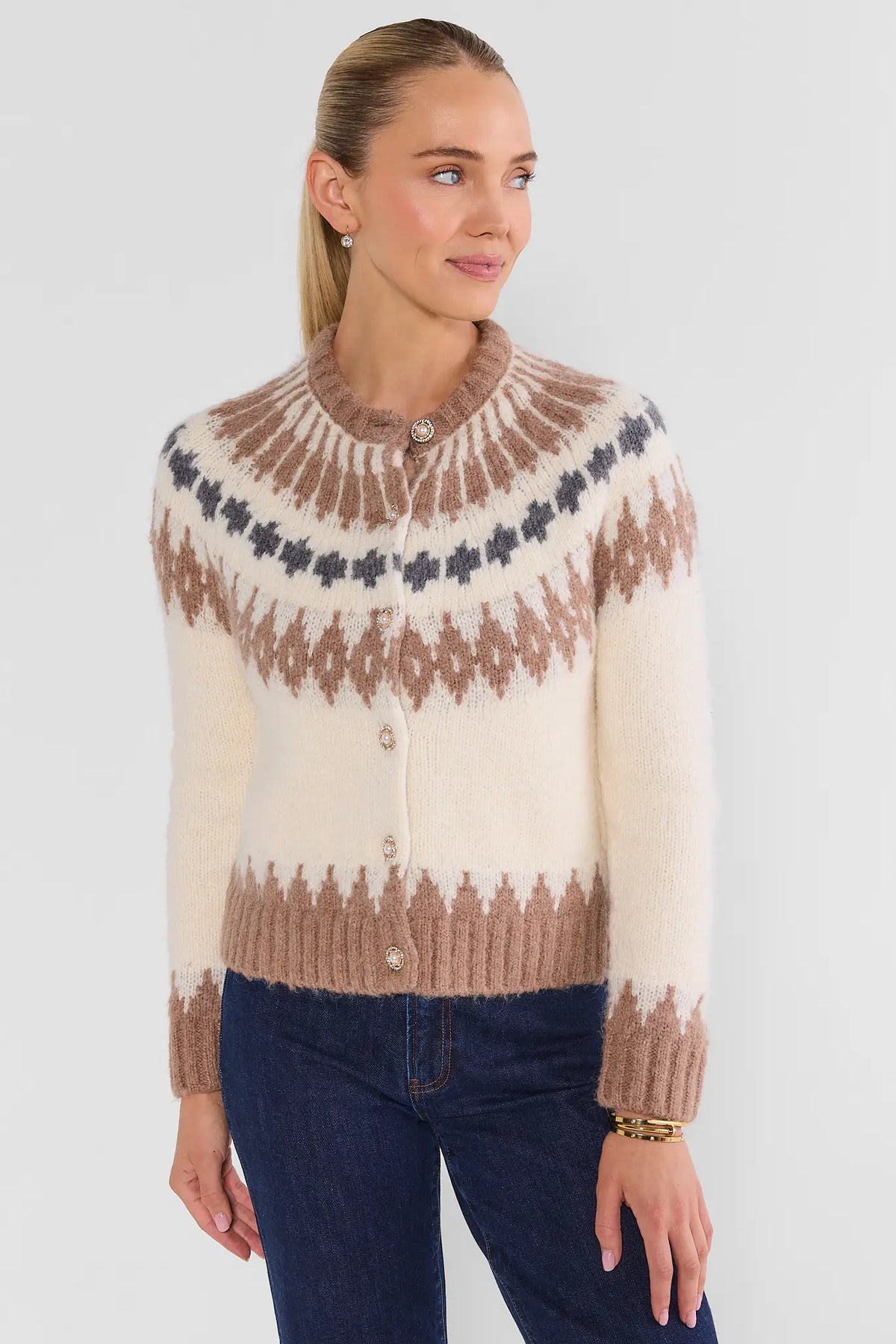 Ivory Fair Isle Cardigan Sweater - Front View On Model with Jeans | Avara