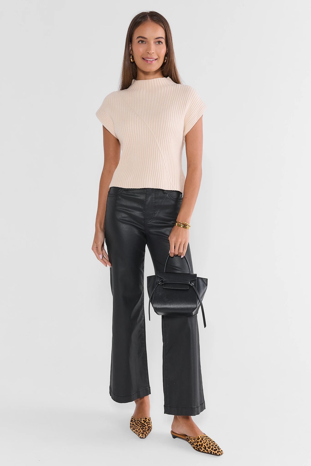 Cream Knit Mock Neck Sweater - Full Length Styled Look with Black Pants | Avara