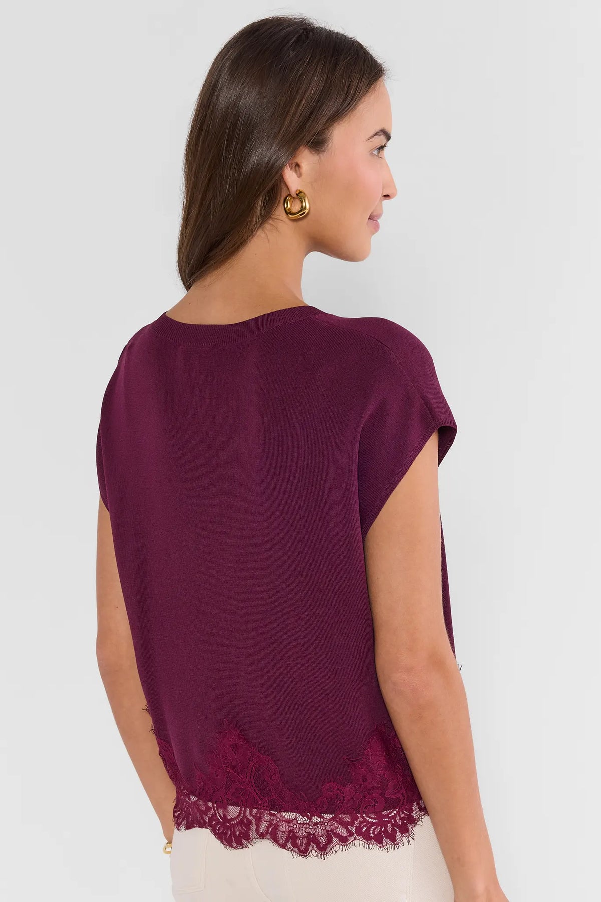 Burgundy Lace Trim Knit Top - Back View, Cap Sleeve & Lace Trim Hem | Avara
