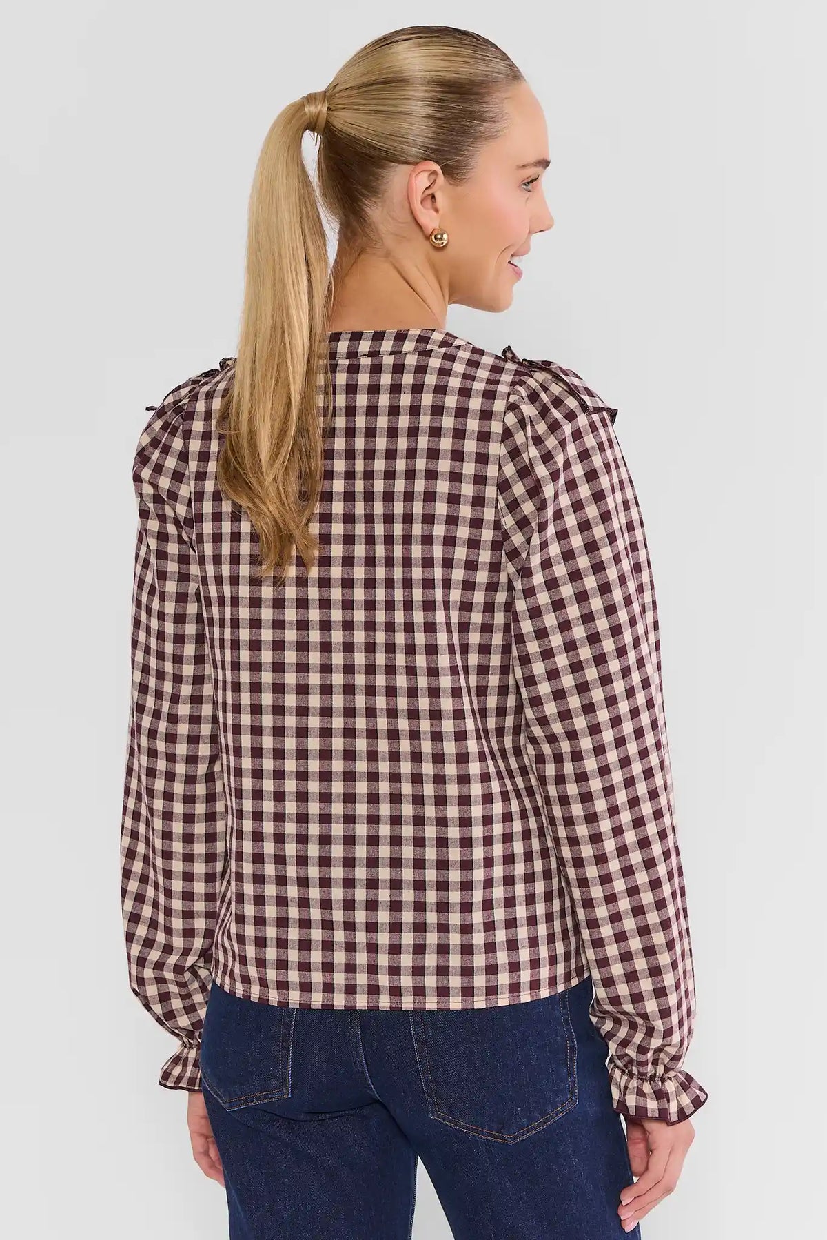 Brown Gingham Ruffle Top - Back View On Model with Ruffle Shoulder Detail | Avara