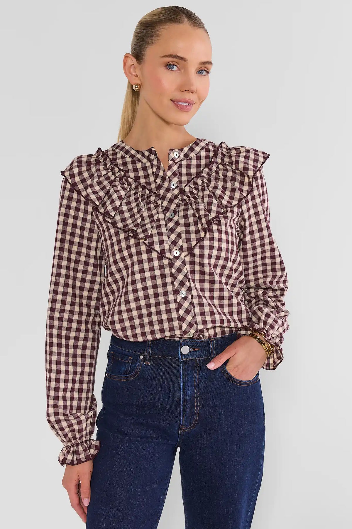 Brown Gingham Ruffle Top, Long Sleeve - Front View On Model | Avara