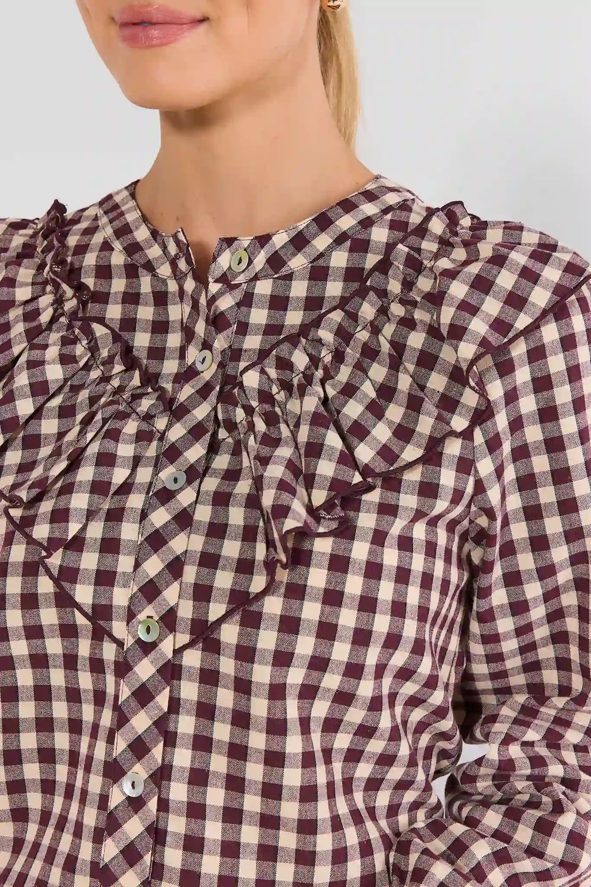 Brown Gingham Ruffle Top - Ruffle Neckline & Button Detail Close-Up | Avara