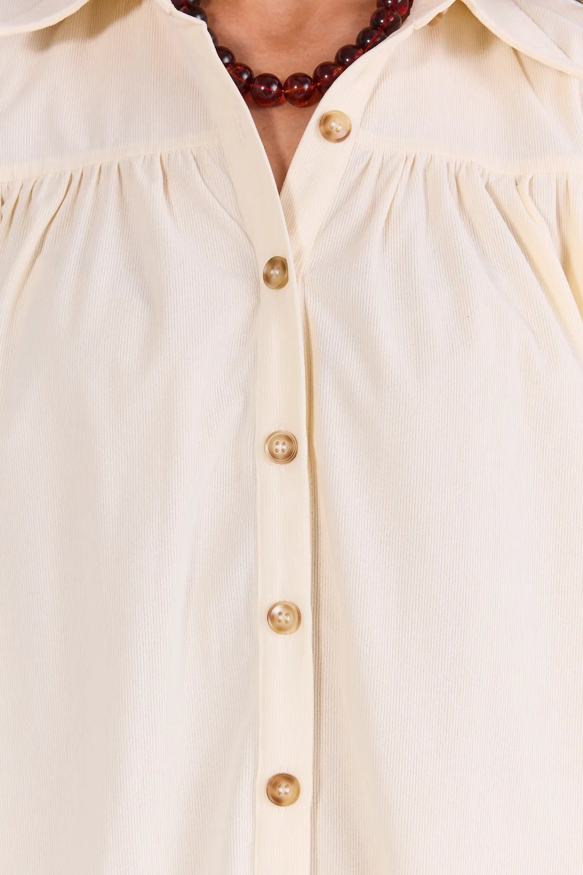Ivory Corduroy Short Dress - Button & Collar Close-Up Detail | Avara