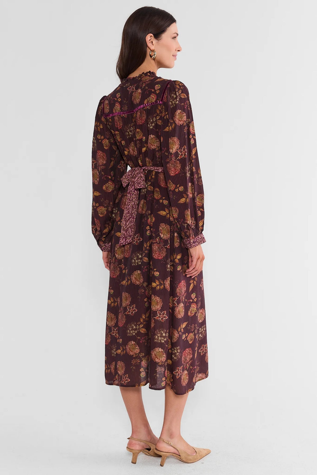 Burgundy Floral Print Midi Dress - Back View On Model, Tie Waist & Midi Length | Avara