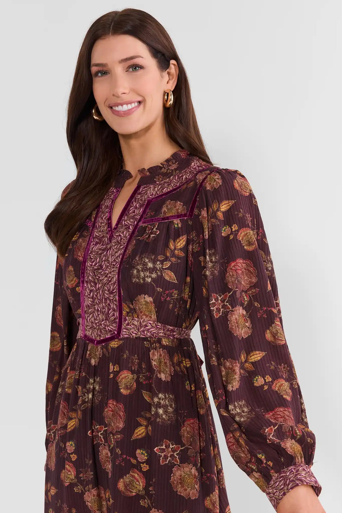 Burgundy Floral Midi Dress - Side Profile Close-Up, Velvet Neckline Trim Detail | Avara