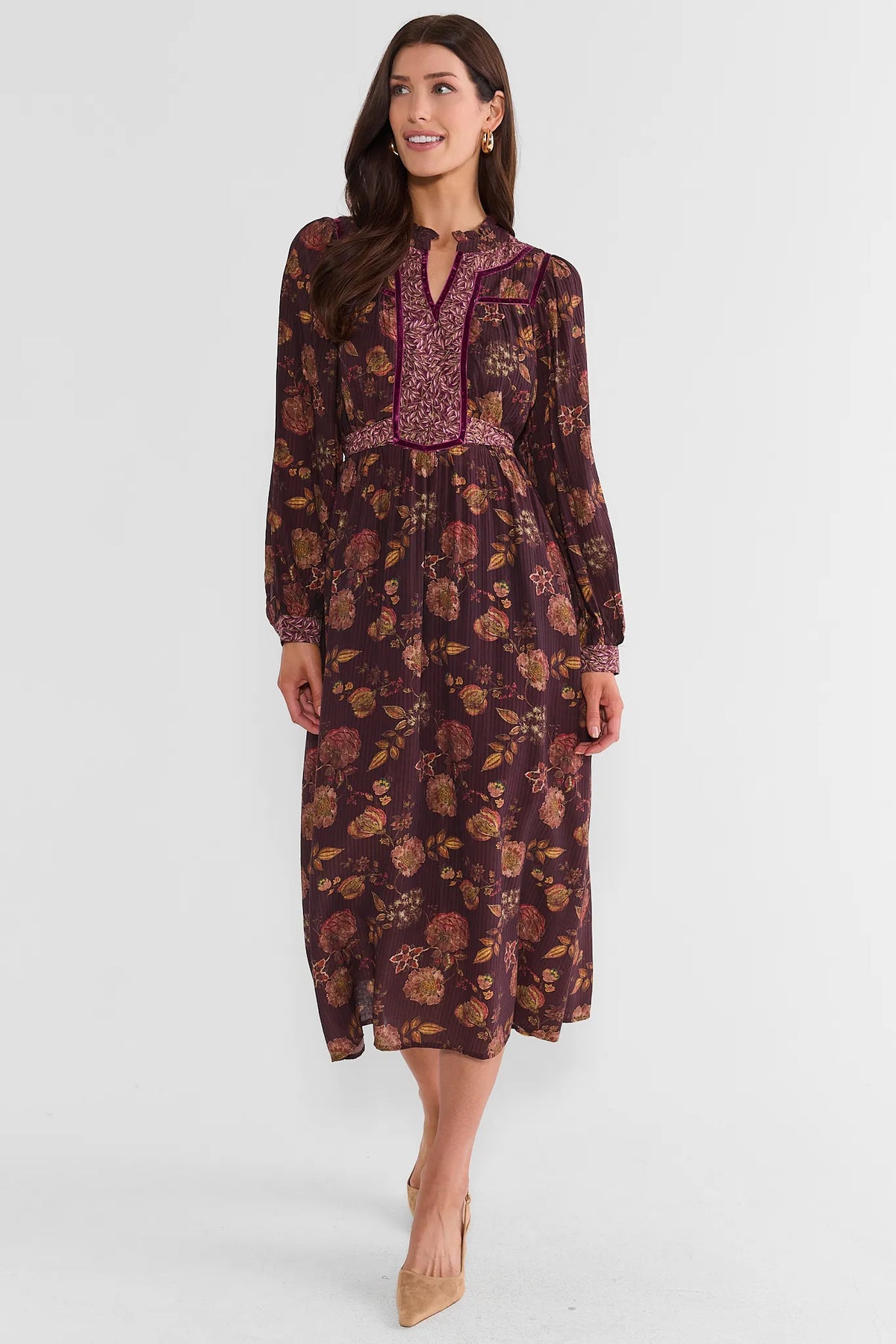 Burgundy Floral Print Midi Dress - Full Front View On Model, Modest Long Sleeve Dress | Avara