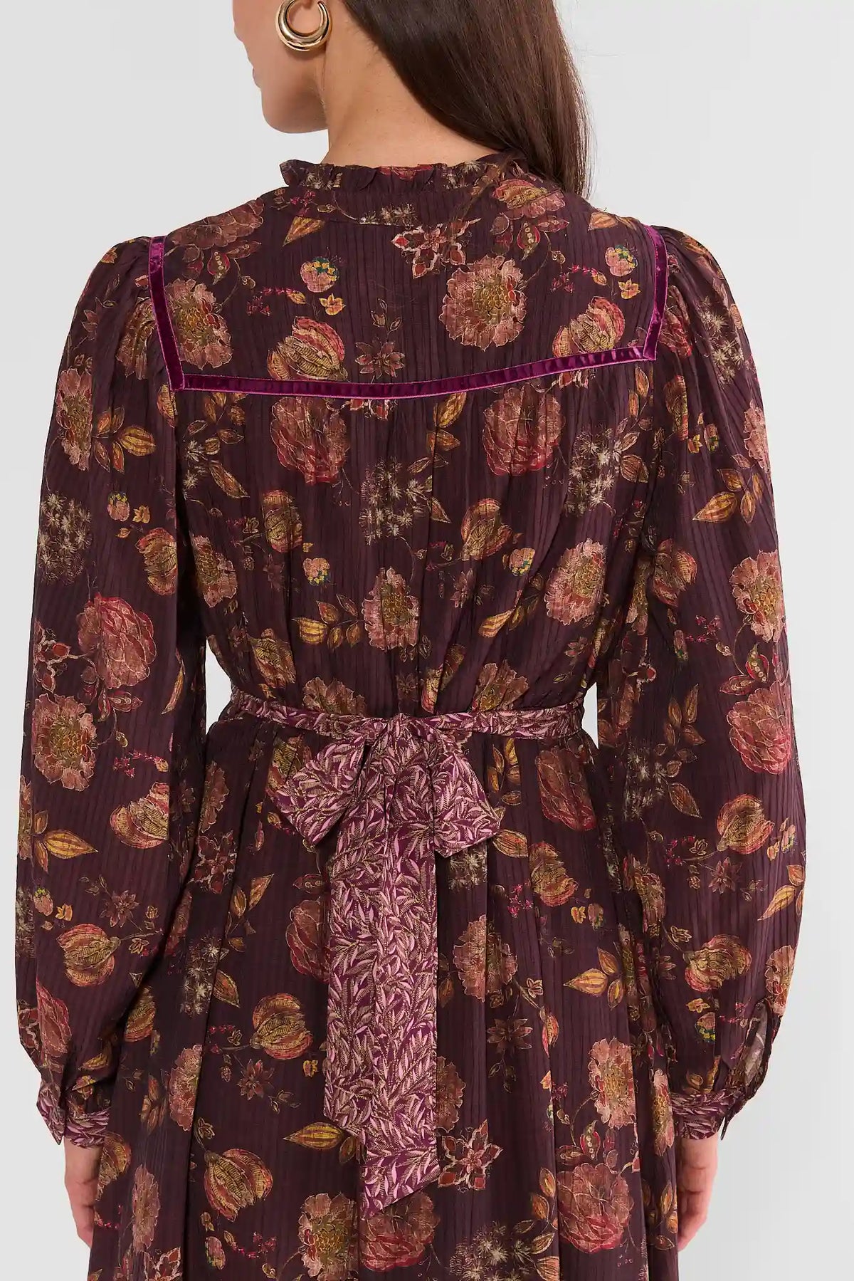 Burgundy Floral Midi Dress - Back Detail, Printed Sash Tie & Velvet Trim Close-Up | Avara