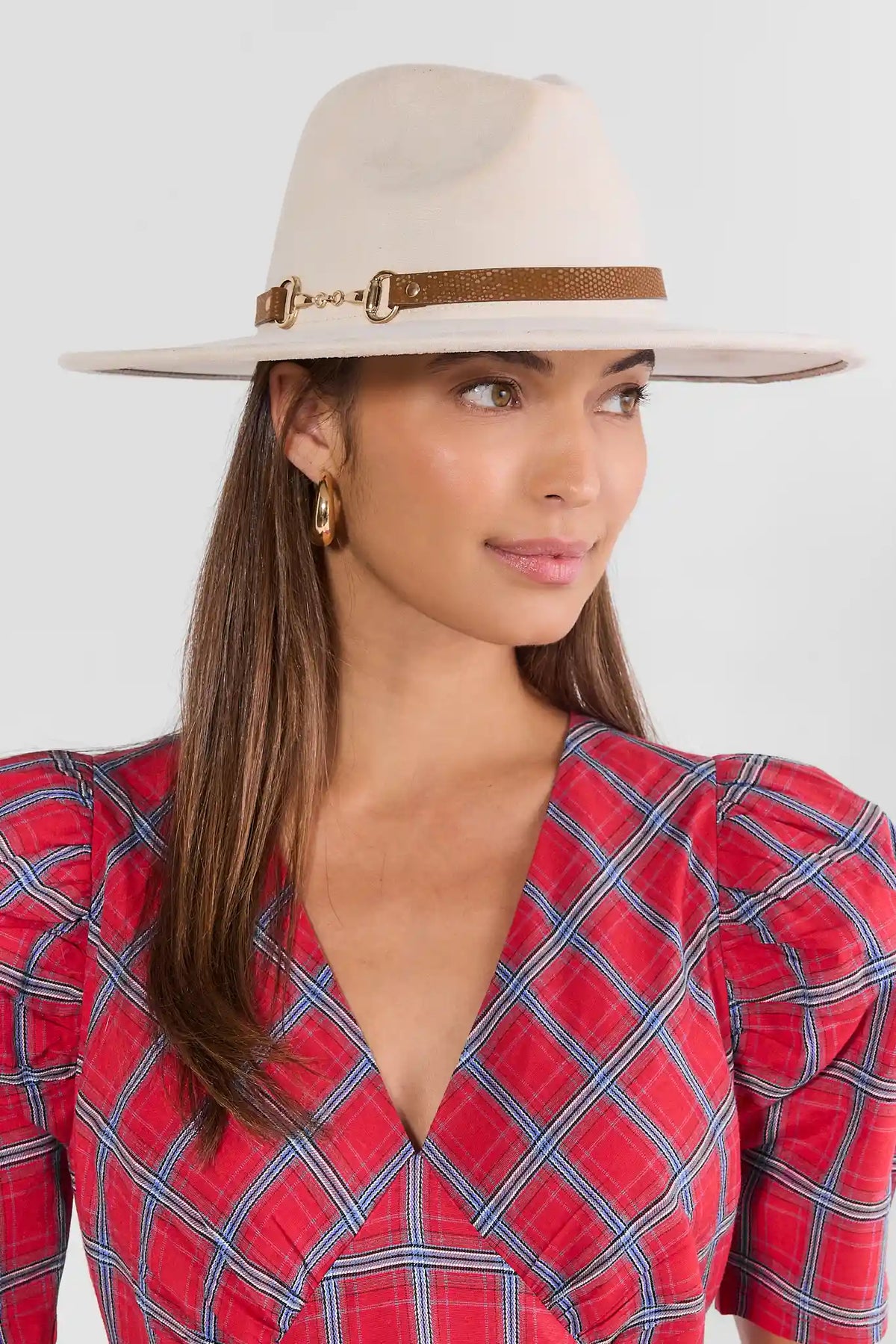 Ivory Wide Brim Hat with Gold Horse Bit Band - On Model Front View | Avara