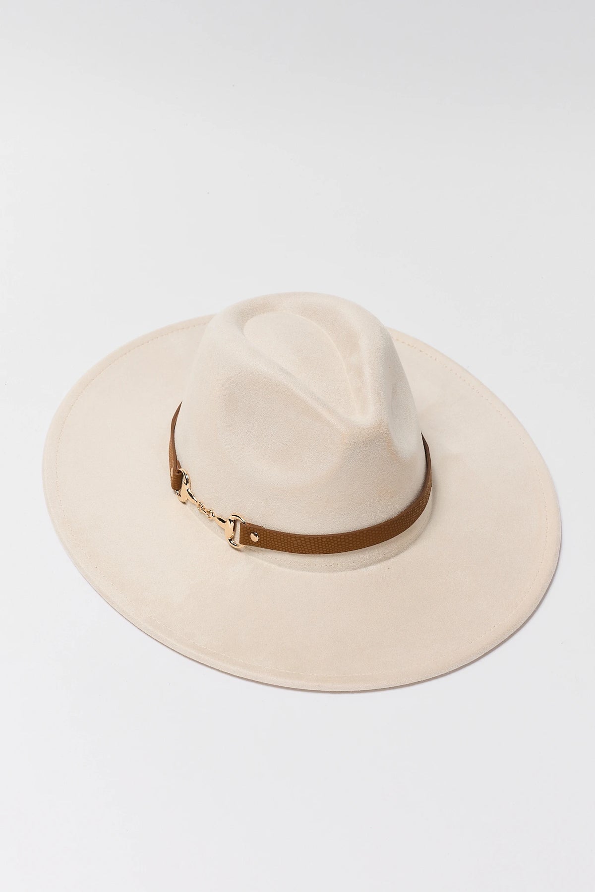 Ivory Felt Wide Brim Hat with Brown Leather Horse Bit Band - Flat Lay | Avara