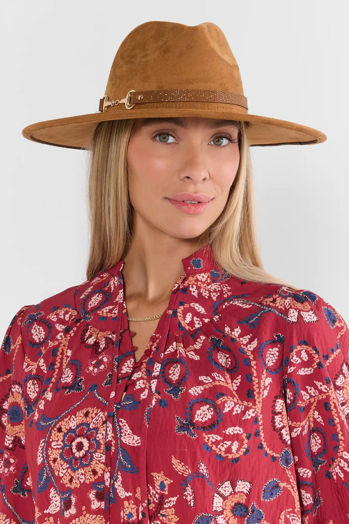 Camel Wide Brim Hat with Gold Horse Bit Band - On Model Front View | Avara