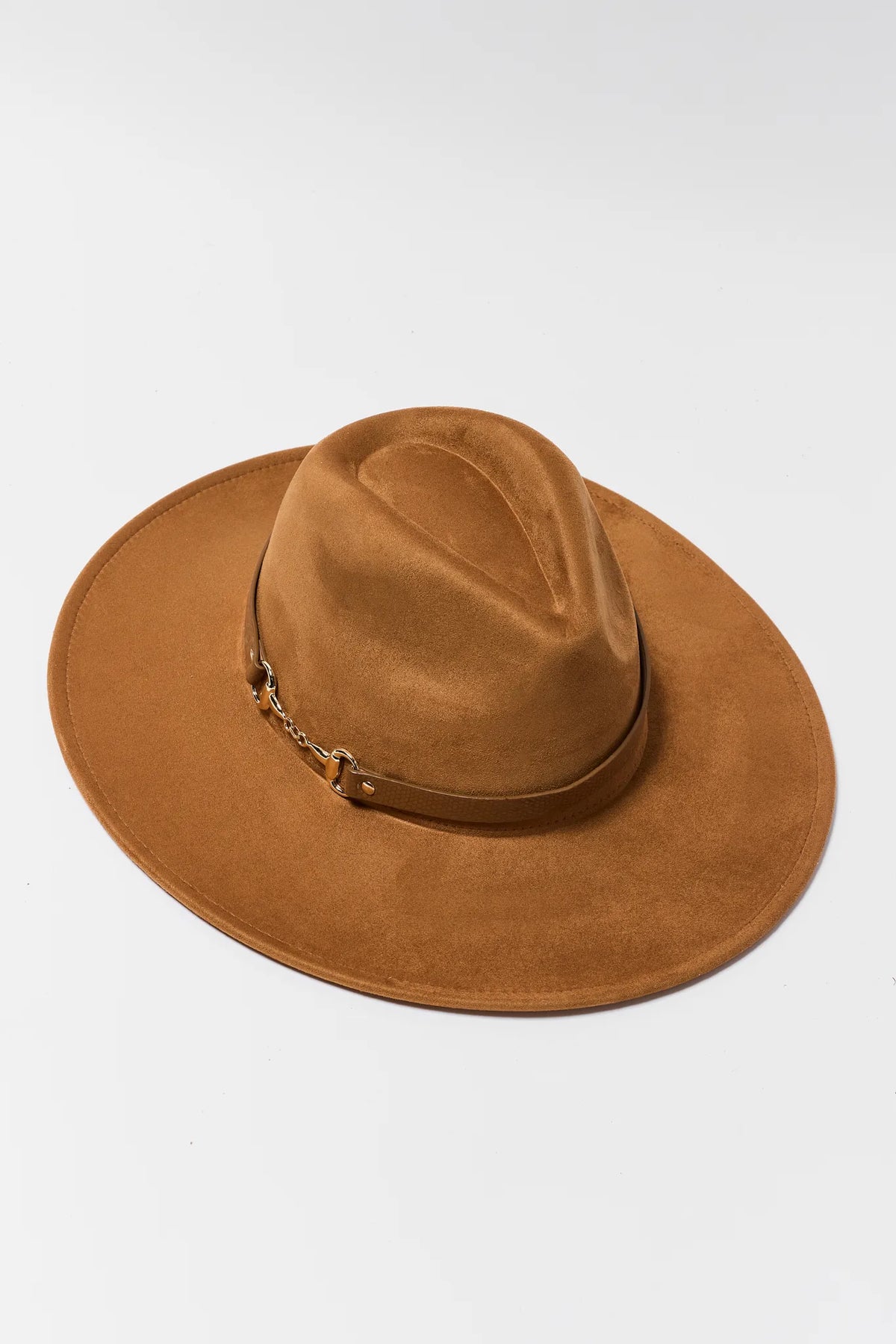 Camel Faux Suede Wide Brim Fedora Hat - Flat Lay Side Angle | Avara