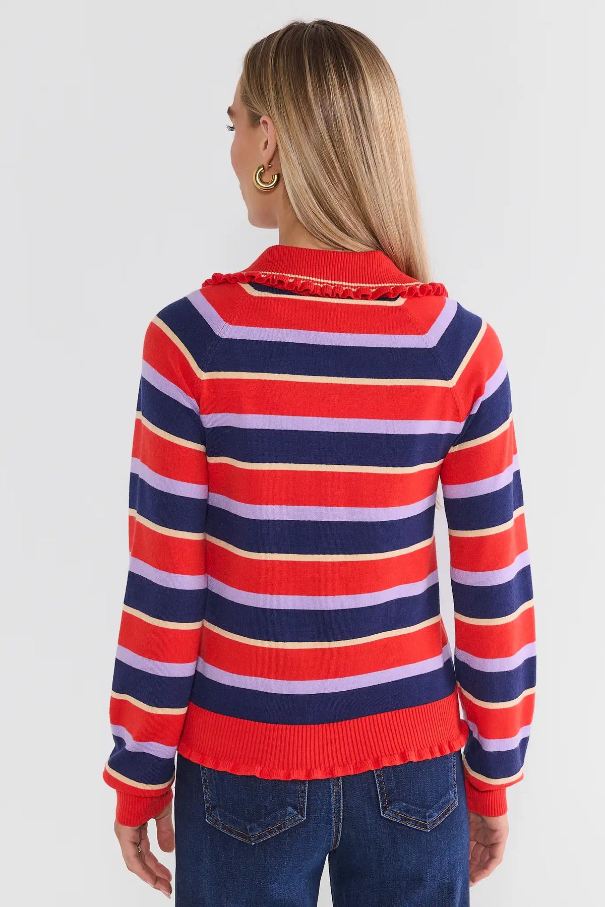 Red Striped Ruffle Trim Cardigan - Back View On Model | Avara