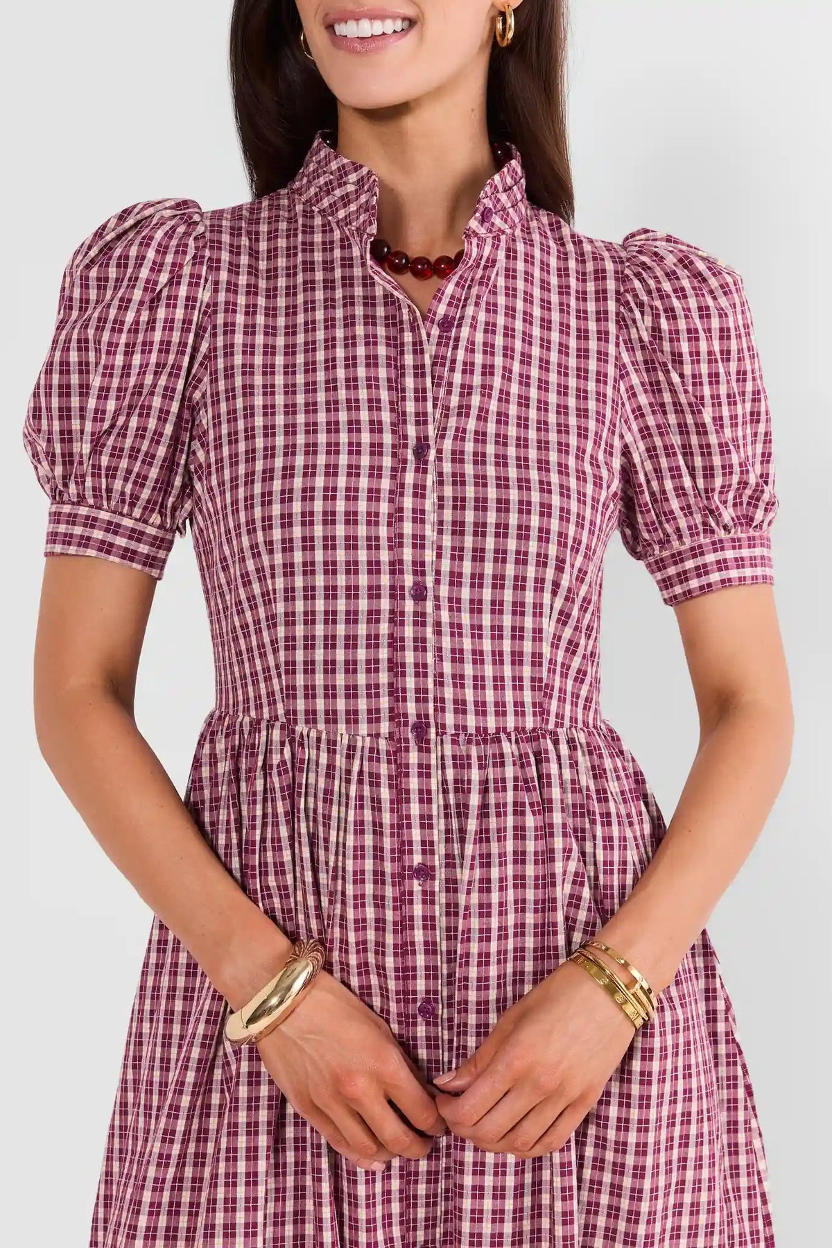 Burgundy Plaid Maxi Dress - Close-Up, Button Front & Tiered Skirt Detail | Avara