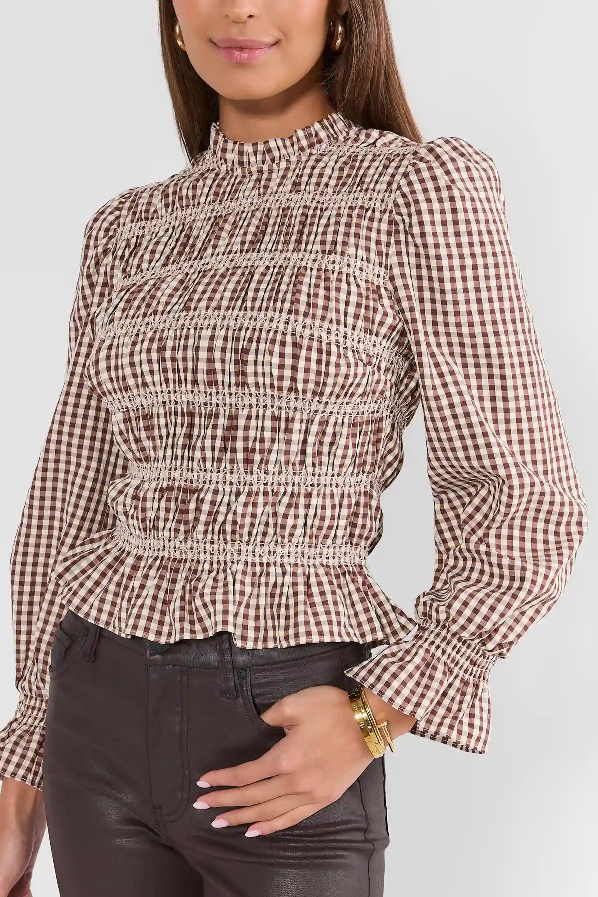 Brown Gingham Smocked Top