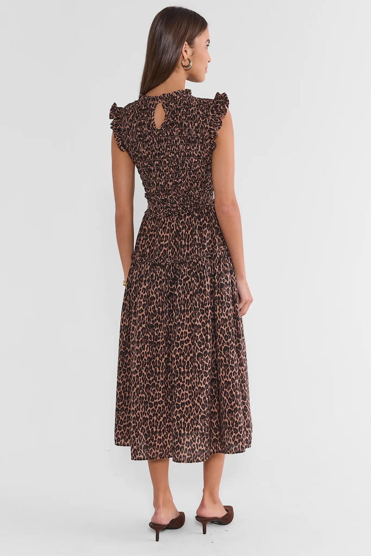 Brown Leopard Print Smocked Midi Dress - Back View, Keyhole Detail | Avara